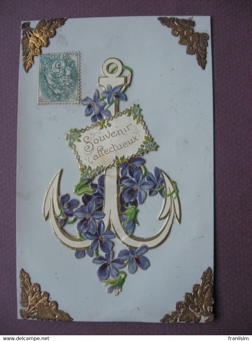 CPA FANTAISIE  CARTE PORCELAINE RODOIDE Collage De DECOUPIS Ancre Marine Fleurs & Dorures - Porseleinkaarten