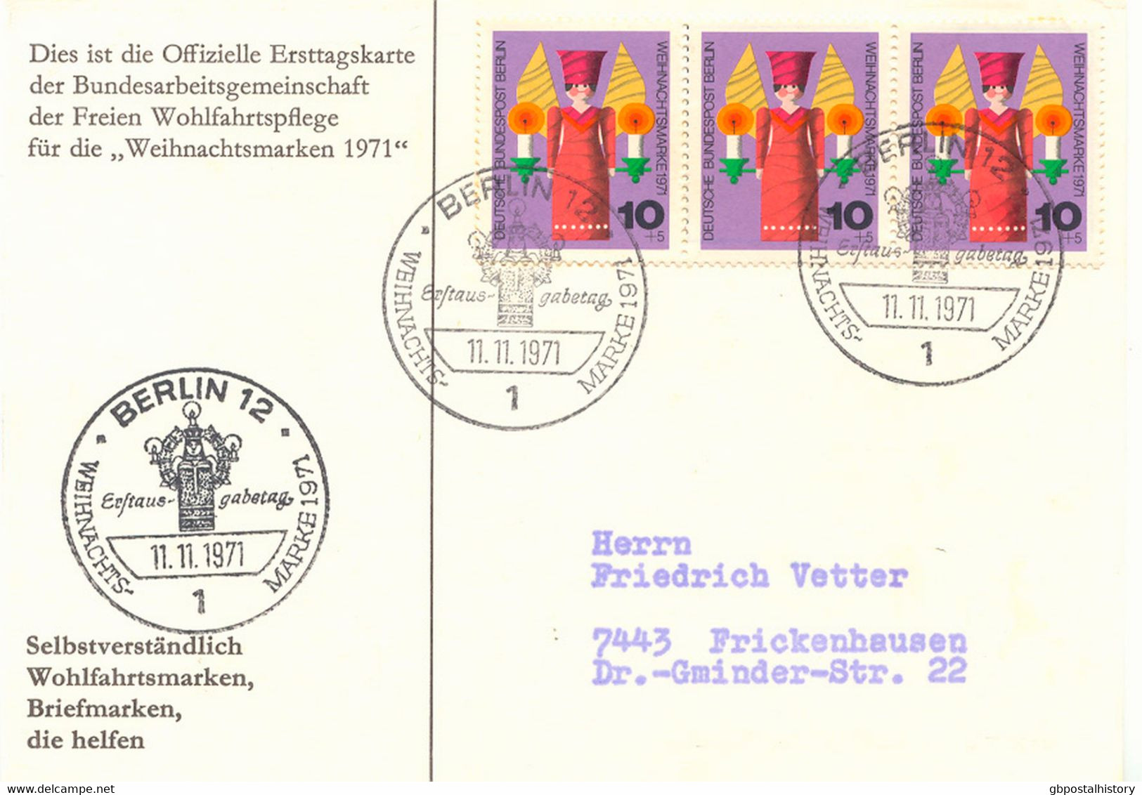 BERLIN 1971, Offizielle Erststagskarte Der Weihnachtsmarken, Gel. Mit ESST, Selt. - Sehr Geringe Auflage   - Gesponsort - Cartas Máxima