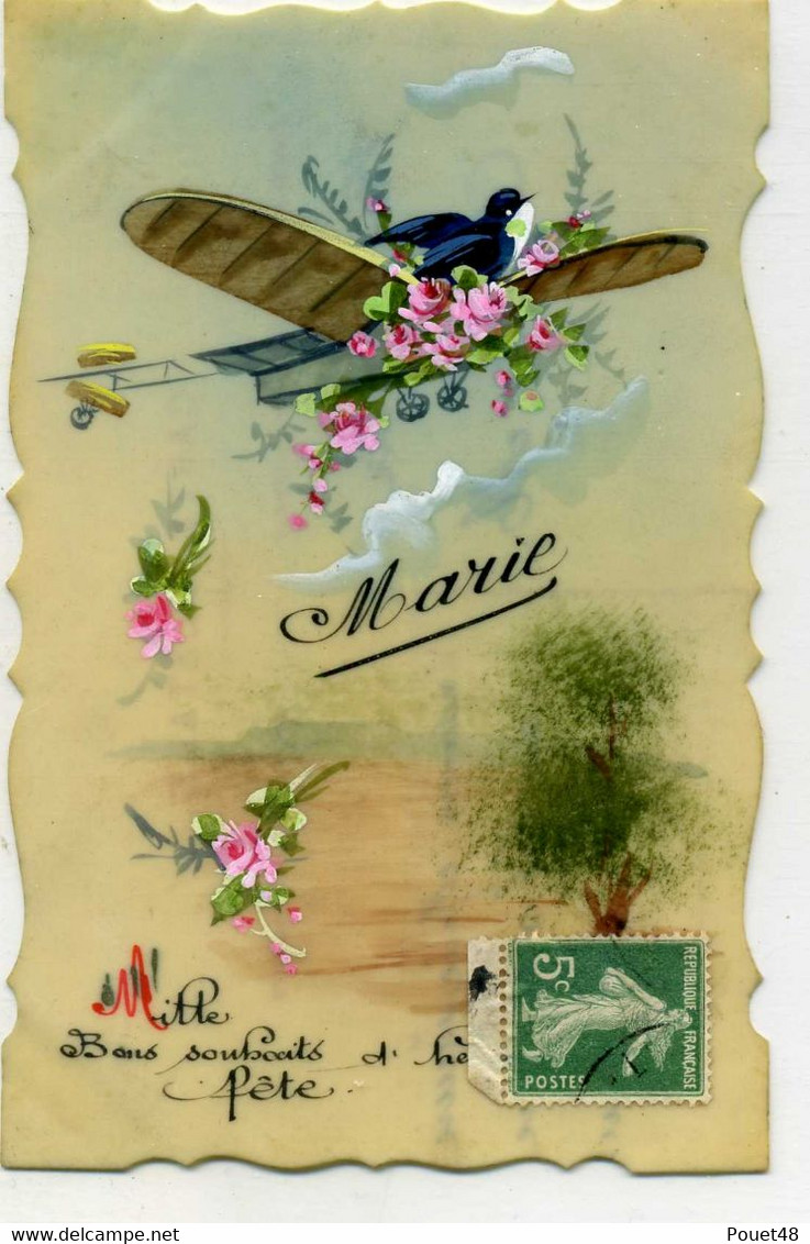 MARIE - Belle Carte En Rodoid, Peinte à A Main - Avion Et Hirondelle - Vornamen