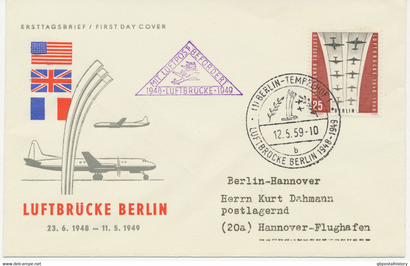BERLIN 1959 3 Versch. Pra.-Ersttagsbriefe/Sonderflüge Luftbrücke Berlin HAMBURG, HANNOVER (2 Versch.) - Briefe U. Dokumente