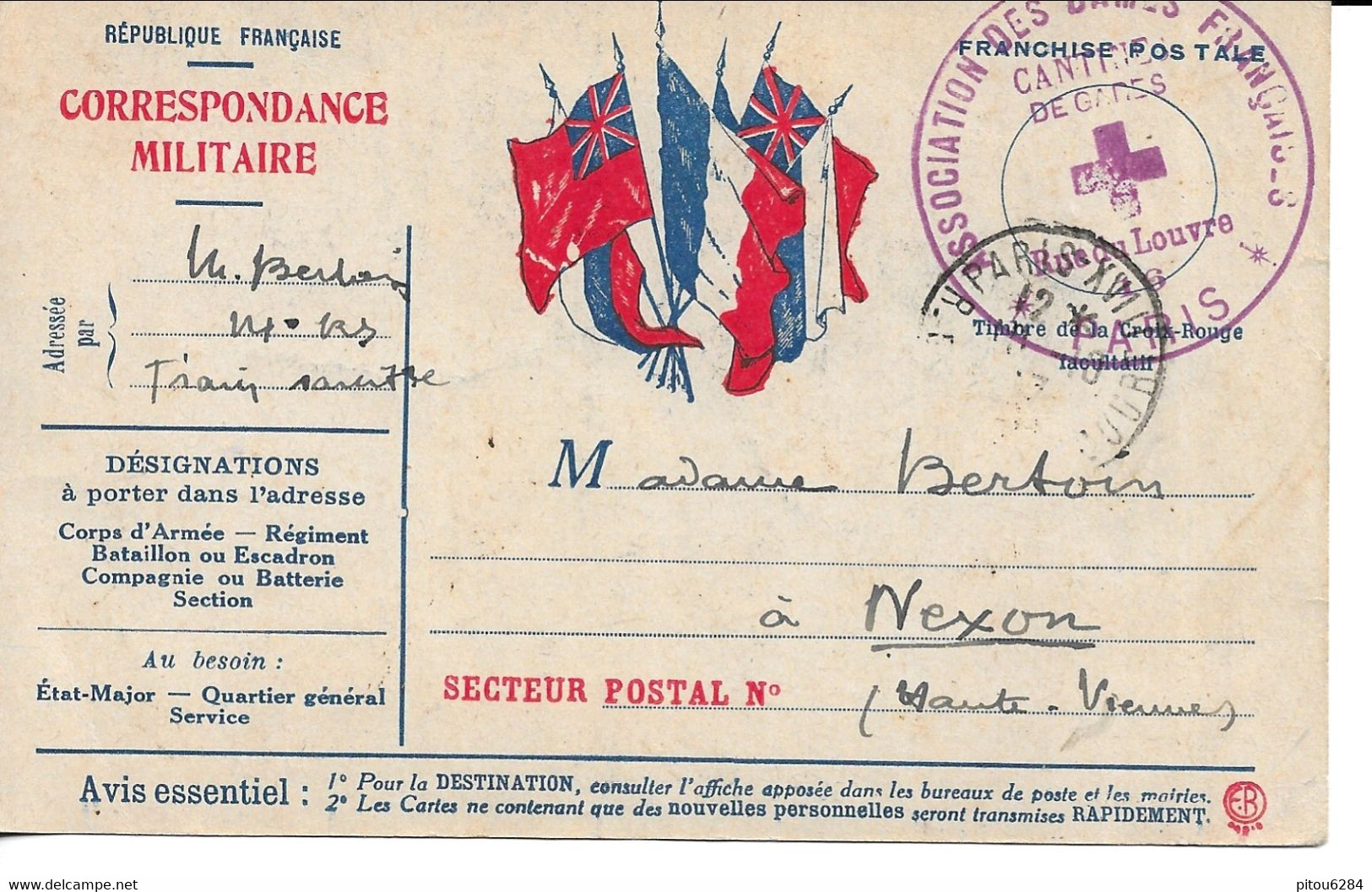 Carte Franchise Militaire -  Cachet Association Des Dames Francaises , Cantine De Gares Rue Du Louvre . - Briefe U. Dokumente