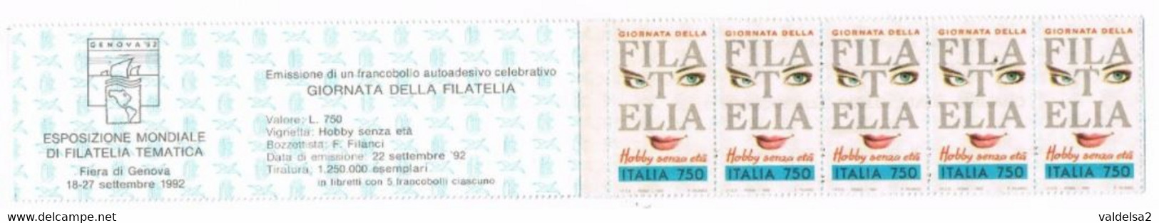 LIBRETTO DEL 22/9/1992 DA LIRE 3750 - 5 VALORI DA 750 LIRE - GIORNATA DELLA FILATELIA - Postzegelboekjes