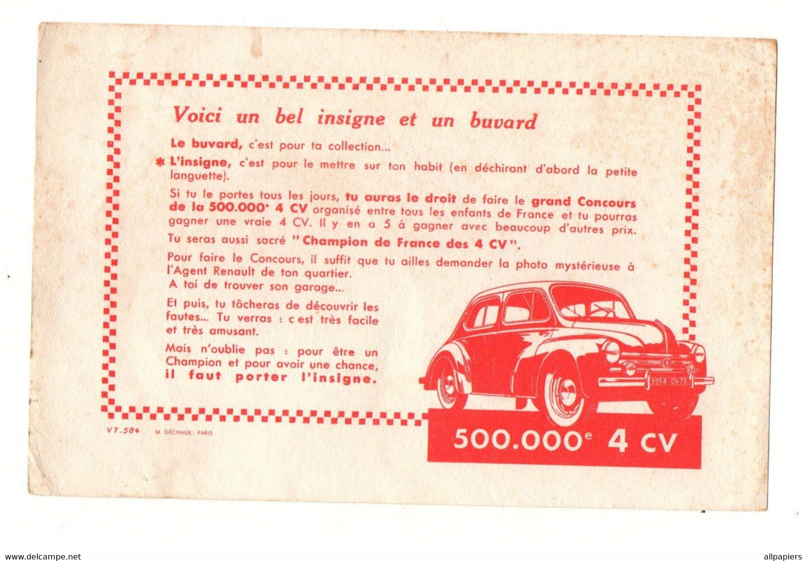 Buvard 500.000e Renault 4 CV - Format : 21x13.5 Cm - Automobile