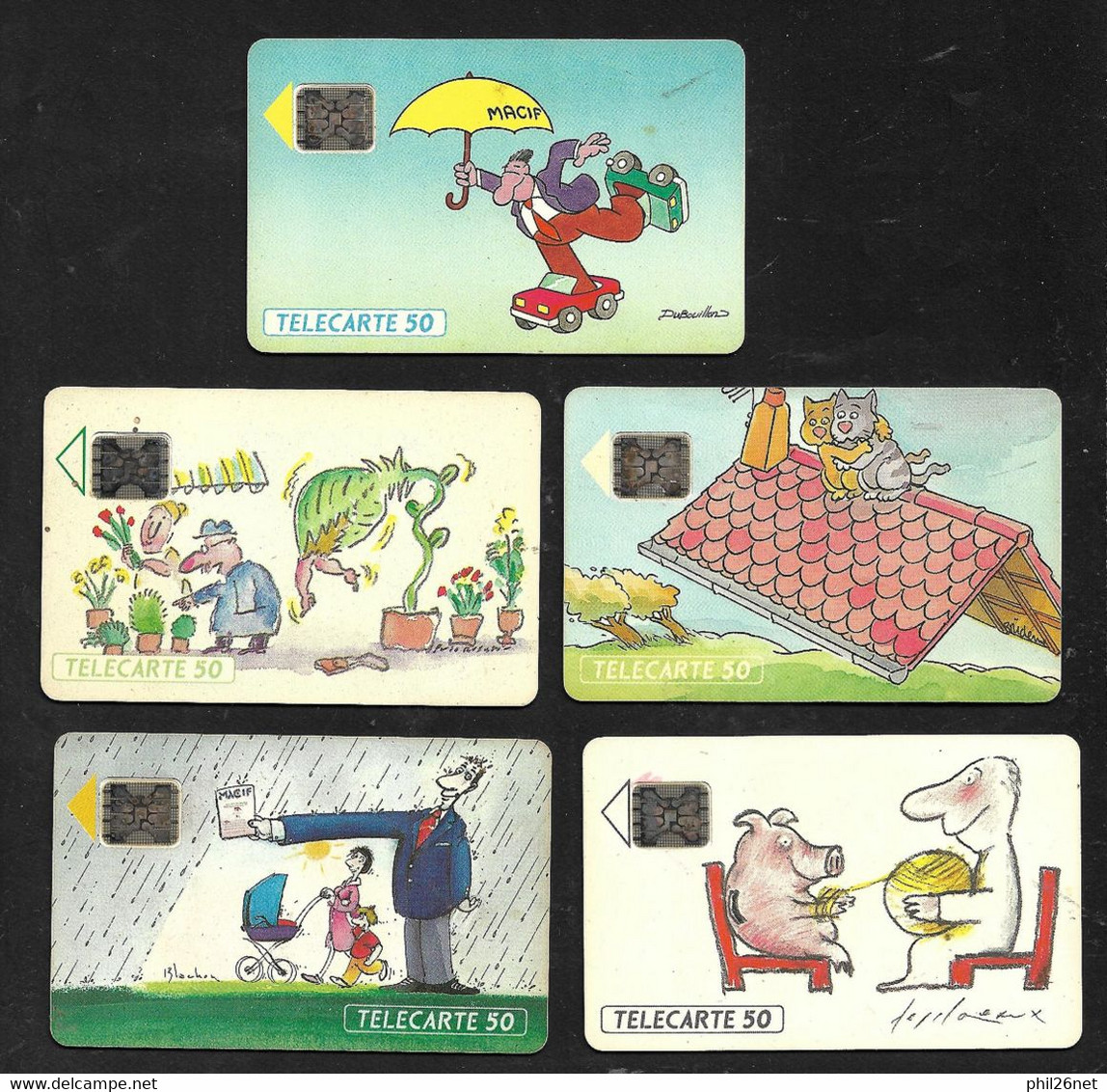 RRR Série Des  5 Télécartes Illustrées Humoristiques MACIF Rhône Alpes 1993   50U   Tirage Limité   B/ TB Voir Scans - 1993