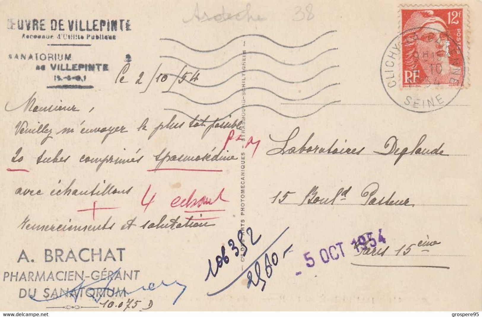 VILLEPINTE SANATORIUM AVEC CACHET A BRACHAT PHARMACIEN GERANT 1954 - Villepinte