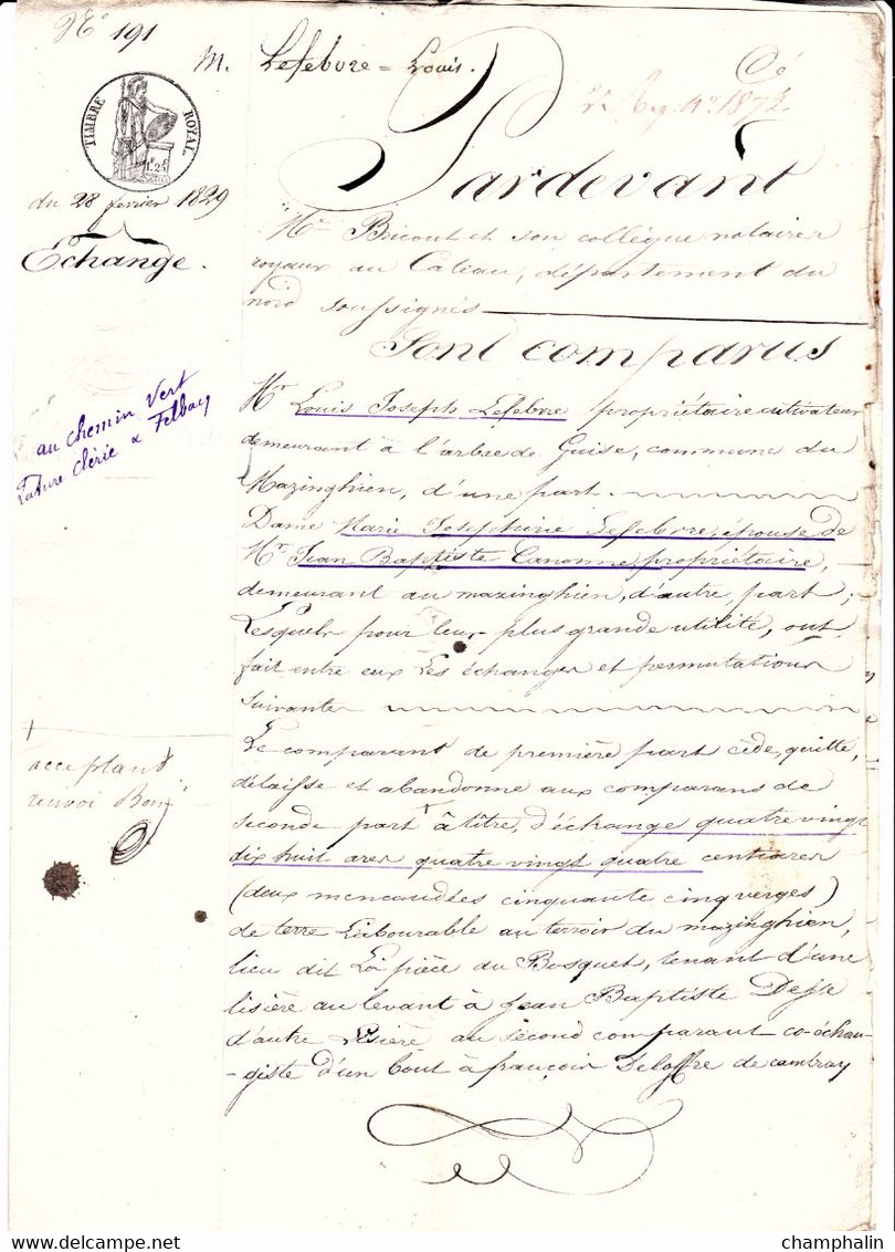 Echange De Terres à Mazinghien (59) - 28 Janvier 1829 - Notaire Au Cateau (59) - Manuscripts