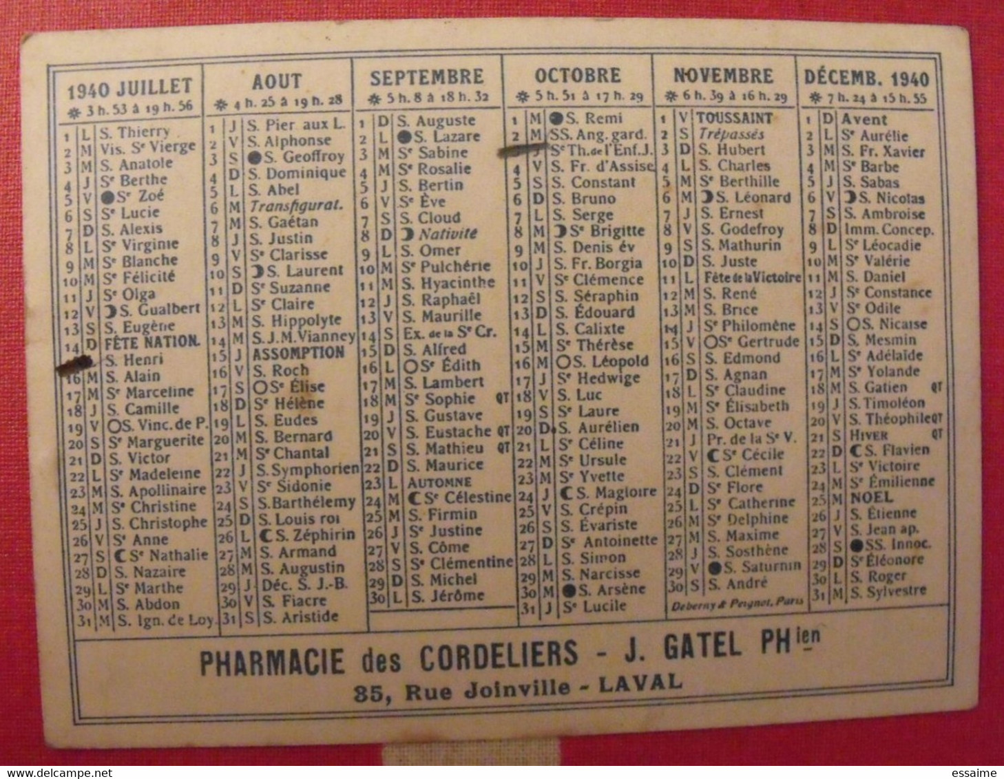 Petit Calendrier Pharmacie Des Cordeliers, Laval, Mayenne. 1940. J. Gatel - Petit Format : 1921-40