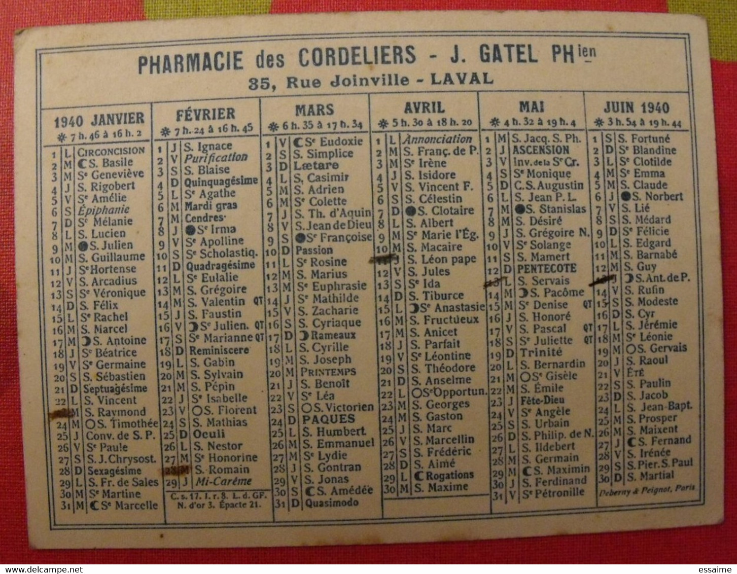 Petit Calendrier Pharmacie Des Cordeliers, Laval, Mayenne. 1940. J. Gatel - Petit Format : 1921-40