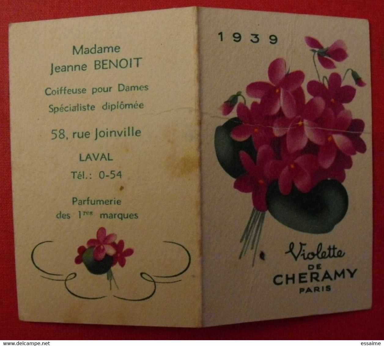 Petit Calendrier 1939. Parfum Violette De Cheramy. Parfumerie Jeanne Benoit à Laval. - Petit Format : 1921-40