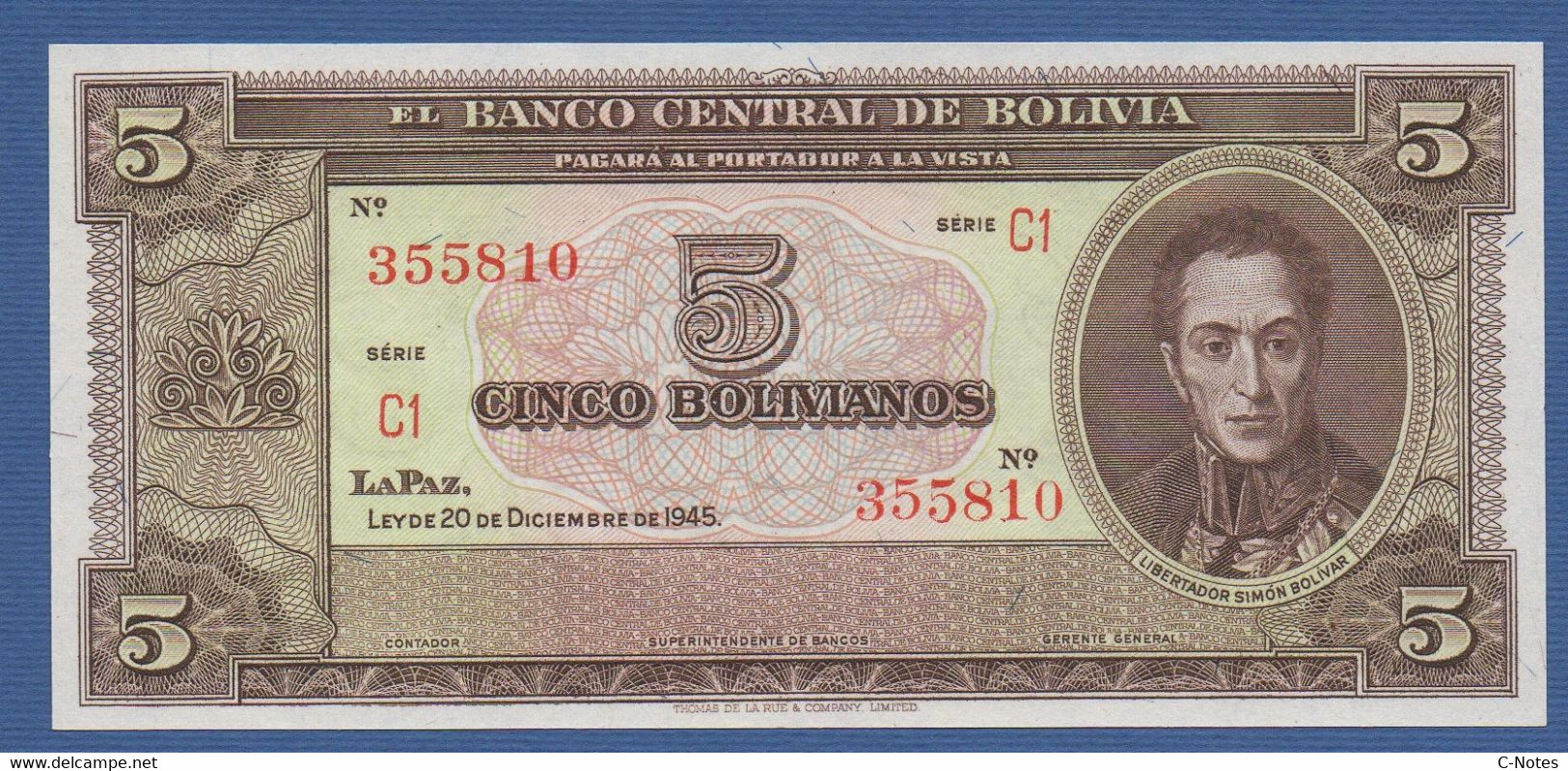 BOLIVIA - P.138d – 5 Bolivianos L. 20.12.1945  UNC Serie C1 355810  - Printer Thomas De La Rue, London - Bolivie