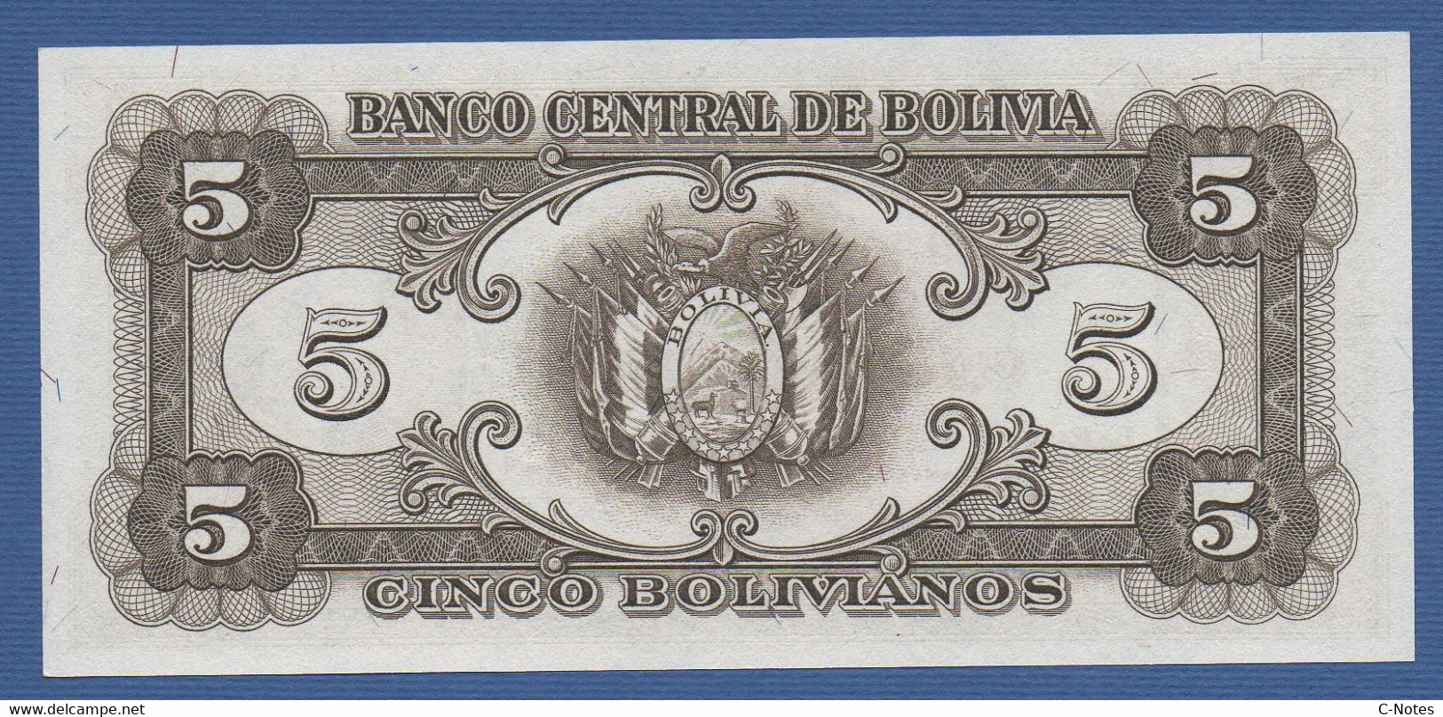 BOLIVIA - P.138d – 5 Bolivianos L. 20.12.1945  UNC Serie C1 355810  - Printer Thomas De La Rue, London - Bolivie