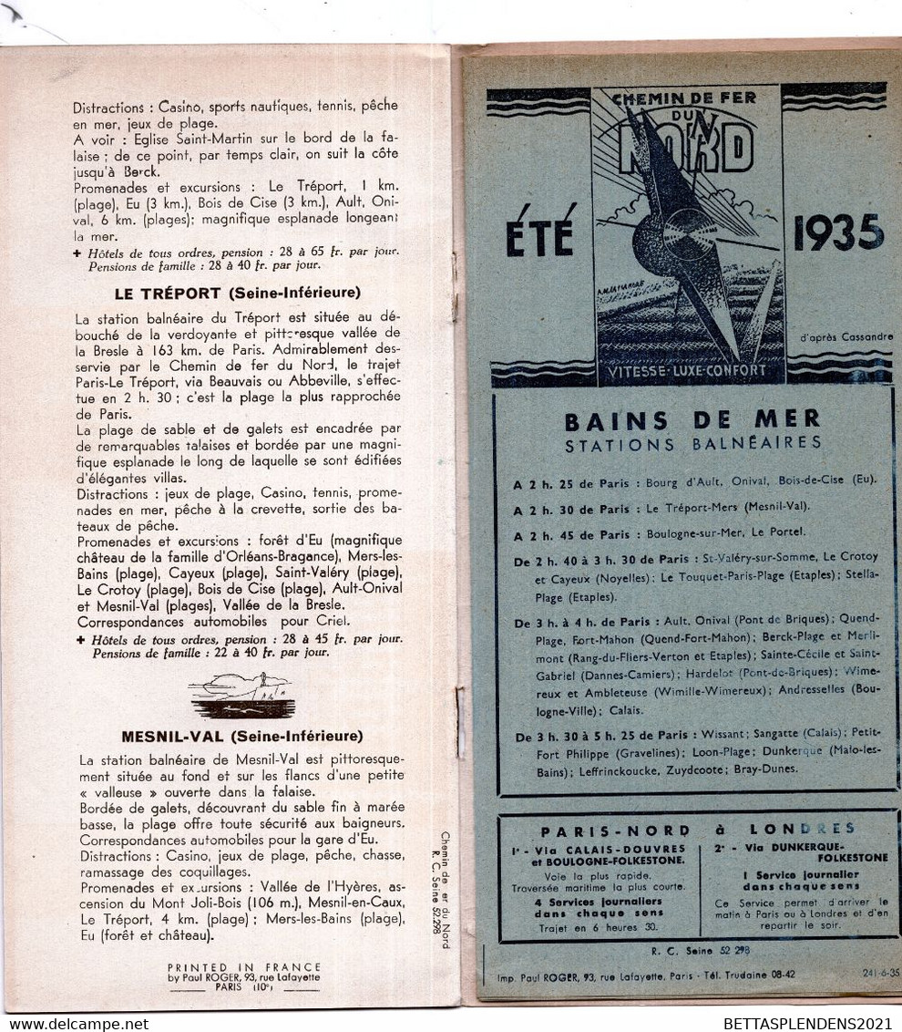 Chemin De Fer Du Nord - Les Plages Vivifiantes Du Nord - ETE 1935 / Bains De Mer - Horaires Trains & Descriptif Villes - Europe