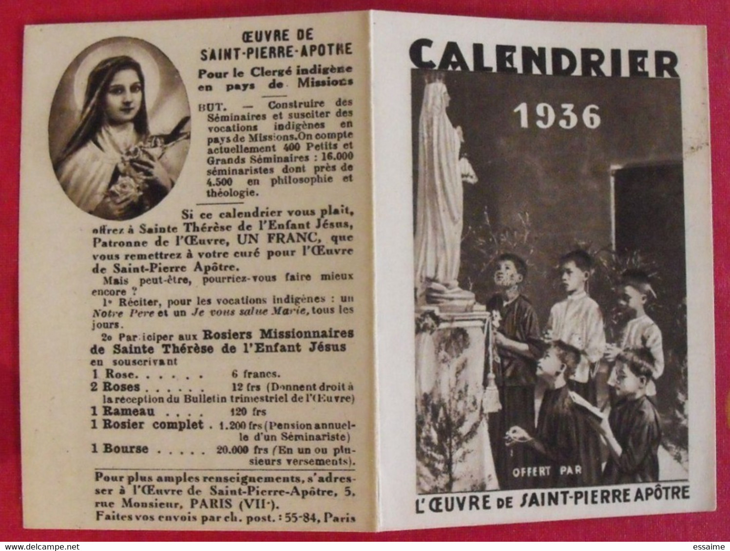 Petit Calendrier 1936. Oeuvre De Saint-pierre Apôtre. Clergé Indigène En Pays De Missions - Petit Format : 1921-40