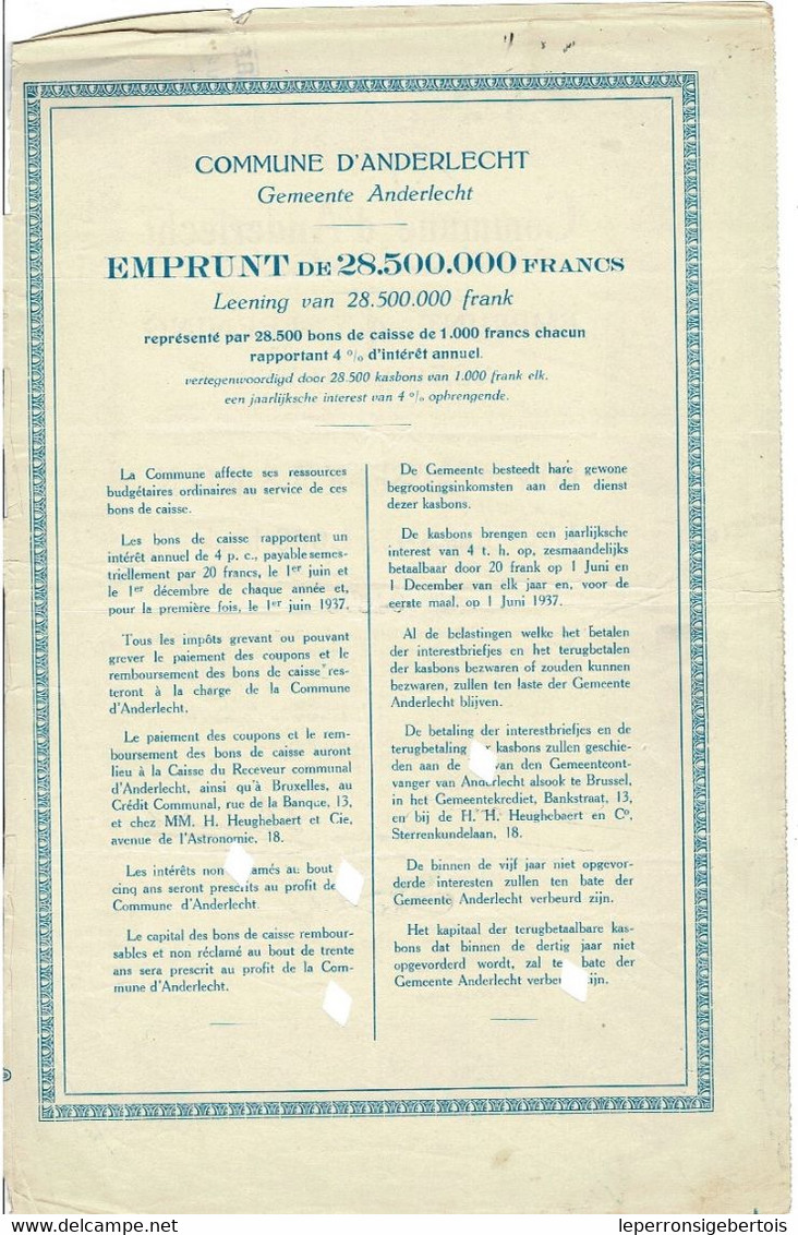 - Titre Ancien - Commune D'Anderlecht - Emprunt De 4 % De 1936 - Bon De Caisse  N° 04675 - A - C