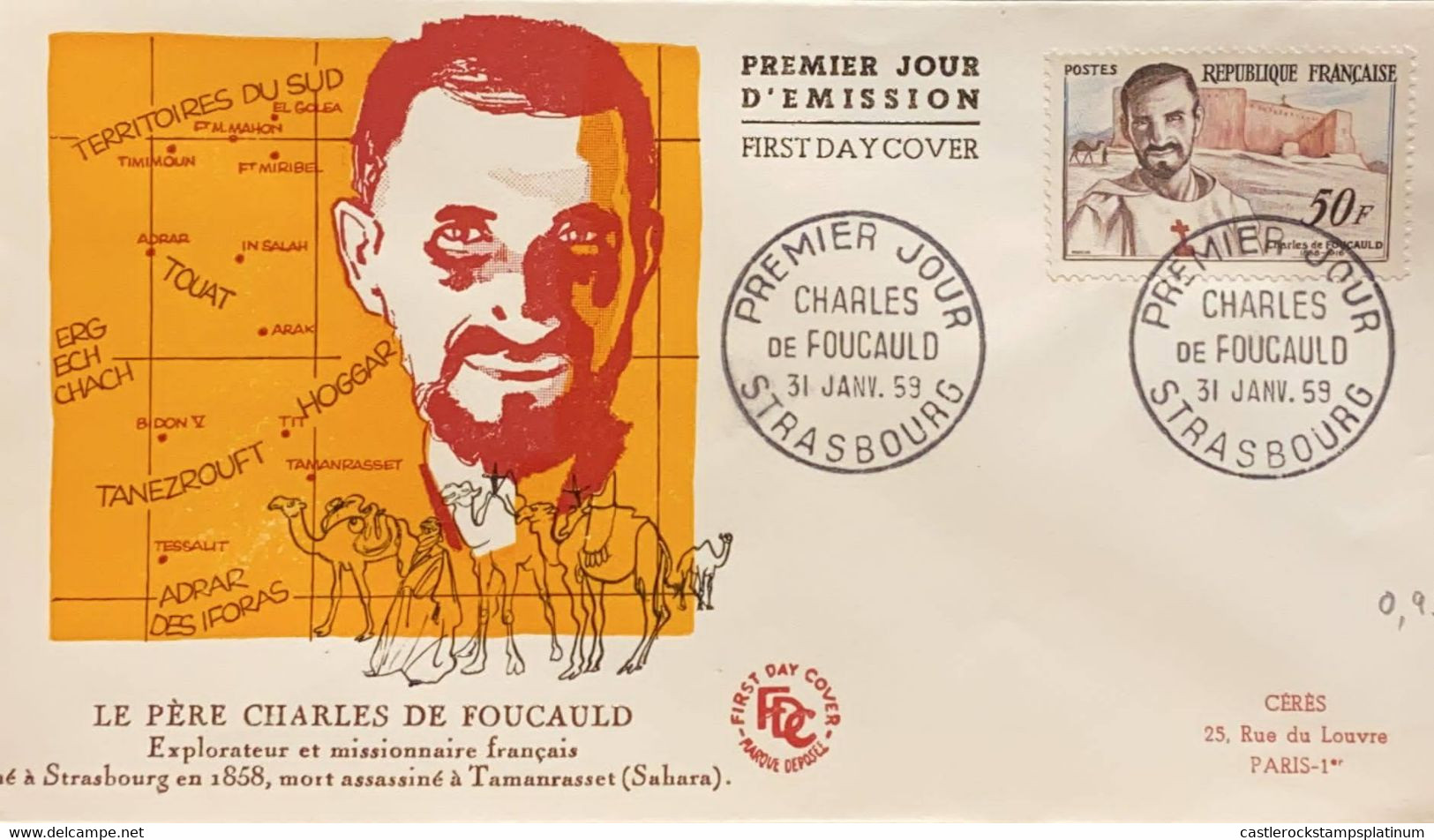 P) 1959 FRANCE, FDC, COVER OF FATHER DE FOUCAULD FRENCH EXPLORER AND MISSIONARY, MURDERED AT TAMANRASSET SAHARA, XF - Sonstige & Ohne Zuordnung