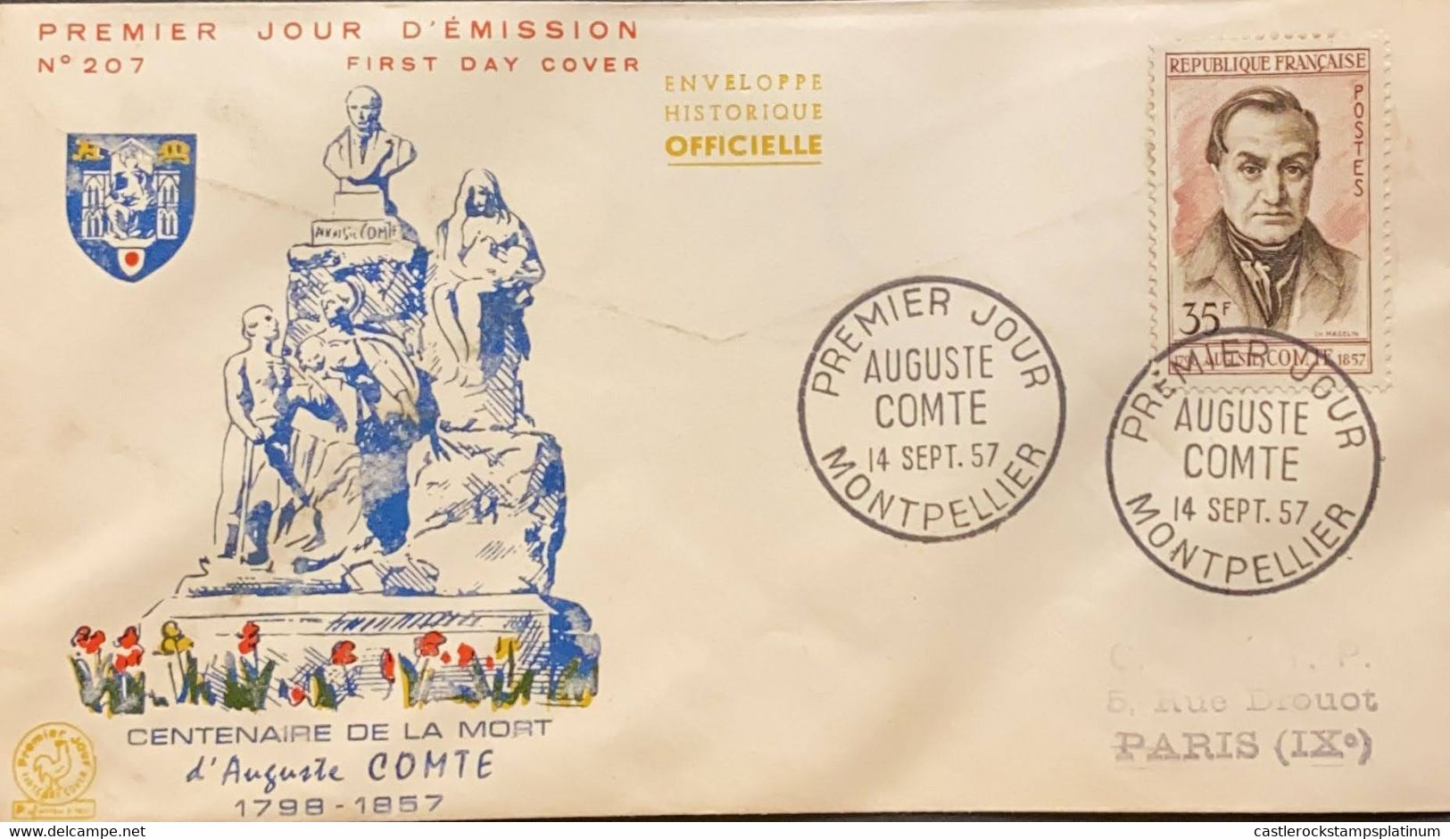 P) 1957 FRANCE, FDC, COVER OF CENTENARY OF DEATH AUGUSTE COMTE 1798-1857,  COMMEMORATION STAMP, XF - Altri & Non Classificati