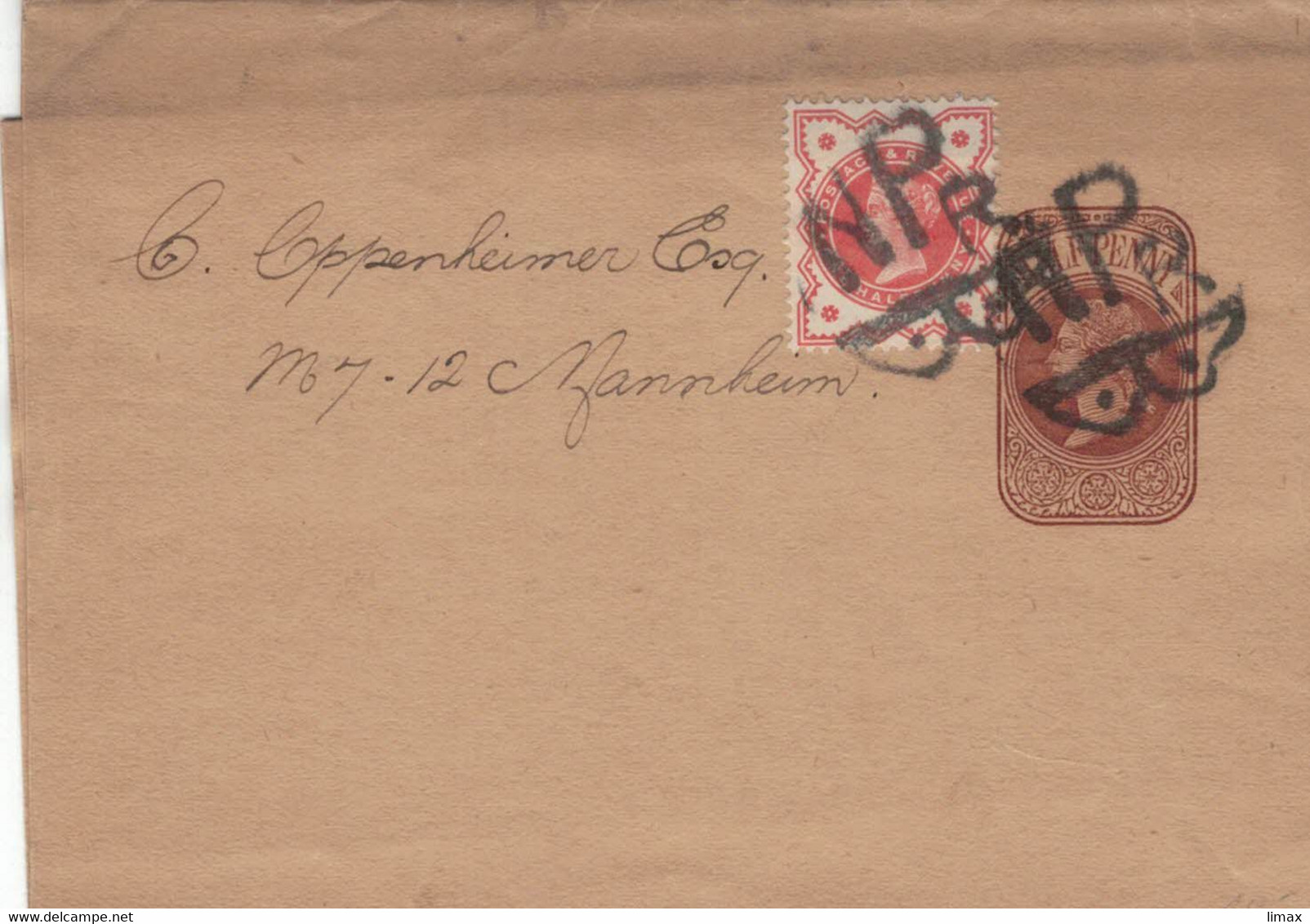 Zeitungsschleife Ganzsache Zufrankierung Viktoria > Oppenheimer Mannheim ✡ Judaika - BH-Stempel Fancy Cancel - Lettres & Documents