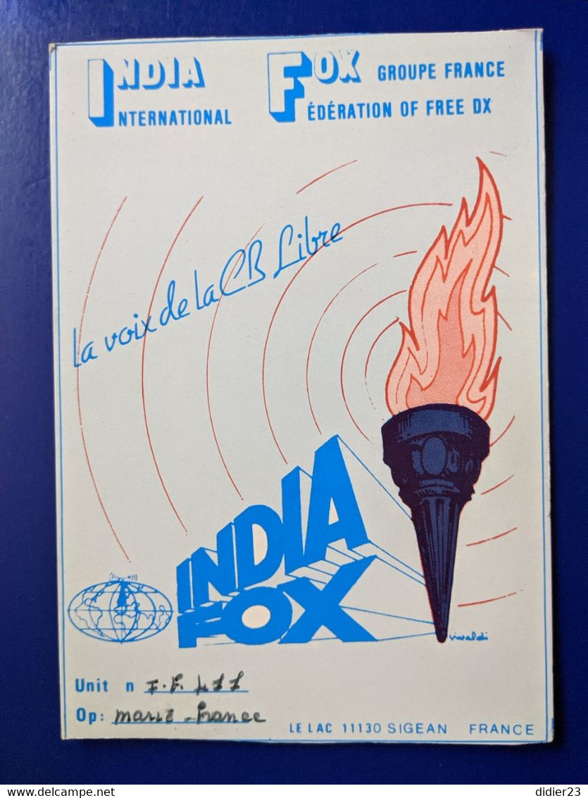 CARTE QSL  INDIA LE LAC 11130 SIGEAN - Radio