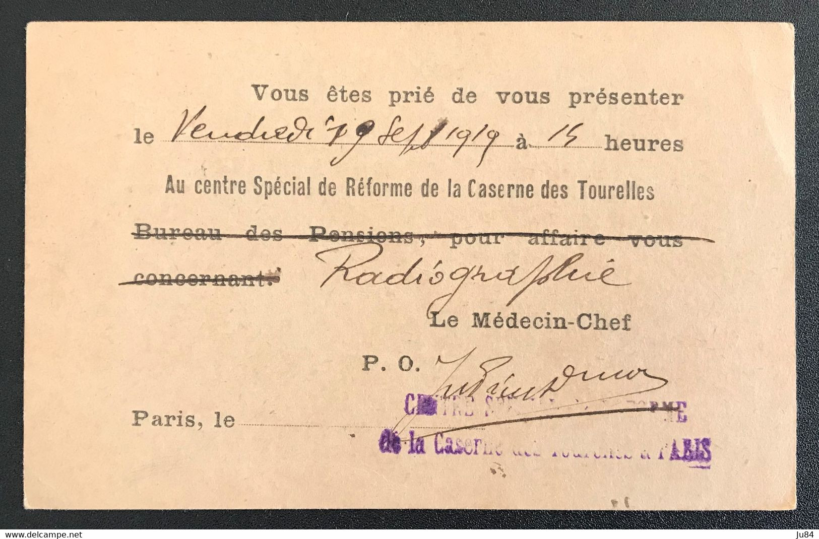 Paris - Centre Spécial De Réforme De La Caserne Des Tournelles Paris XXe - Carte FM - Signé Par Le Médecin Chef - 1919 - Militaire Zegels