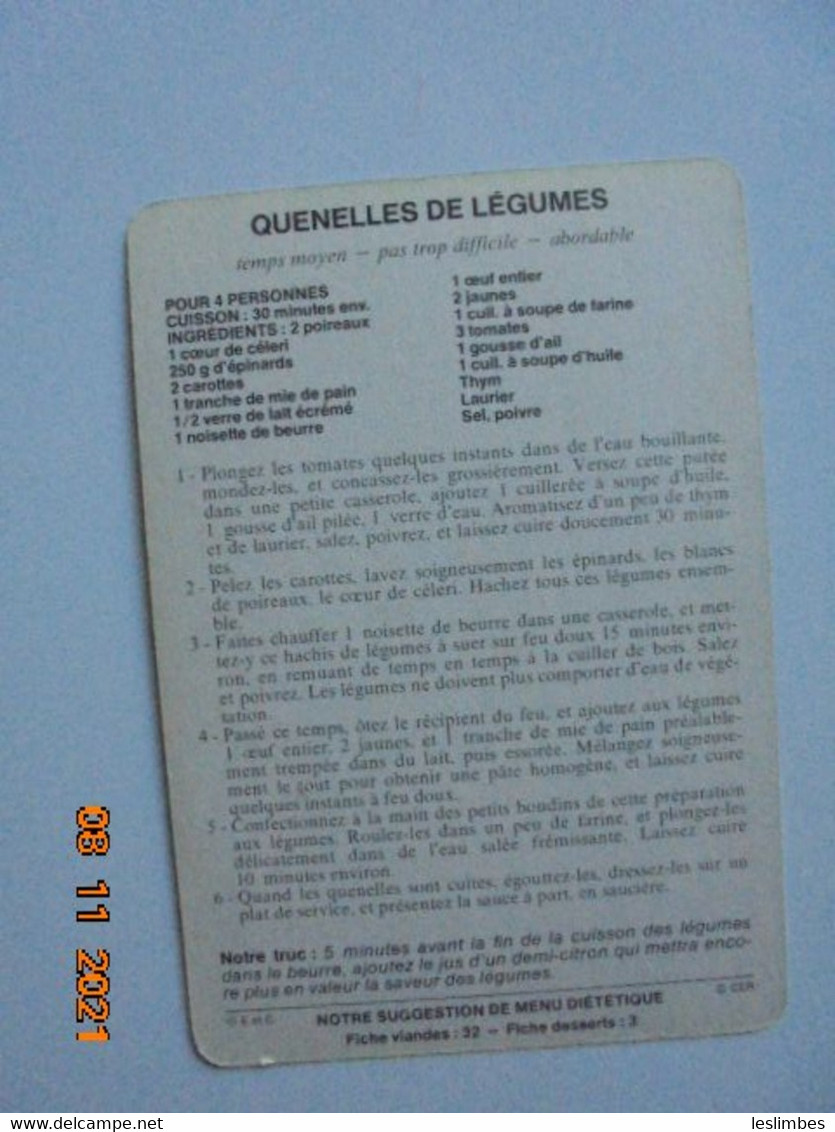 Quenelles De Legumes. Editions CER Dietetique Entrees 39. 10,3 X 15 Cm. - Recettes De Cuisine