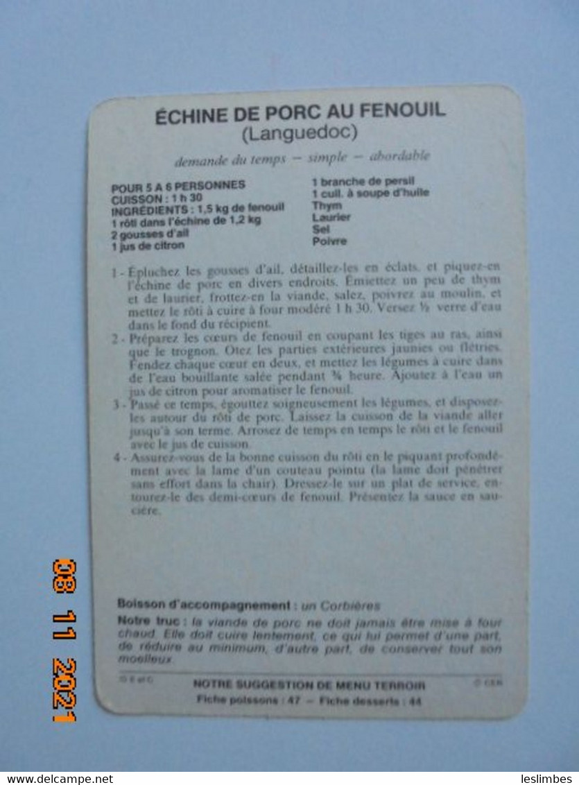 Echine De Porc Au Fenouil (Languedoc). Editions CER Terroir Viandes 37. 10,3 X 15 Cm. - Küche & Rezepte