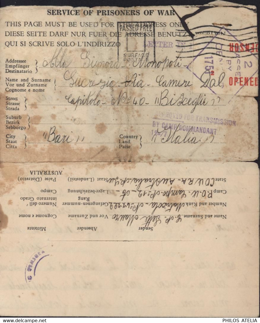 Guerre 40 Prisonnier De Guerre Italien En Australie Camp 12 A Cowra Cachet Approved For Transmission By Commandant 12a/7 - Brieven En Documenten