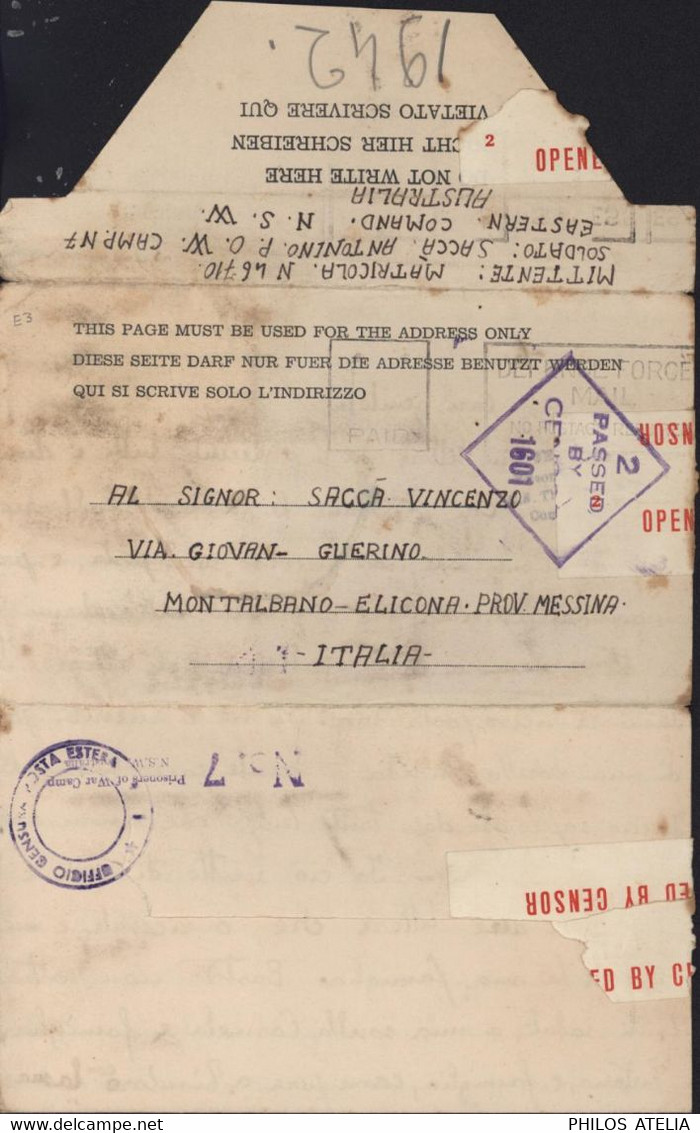 Guerre 40 Prisonnier De Guerre Italien En Australie Prisoner Of War Camp N°7 N.S.W. Australia Censure Australie + Italie - Briefe U. Dokumente