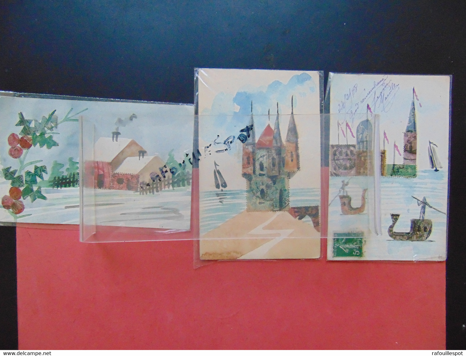 Cp Lot 3 Cartes Representation Timbres Motif Paysage Aquarelle - Briefmarken (Abbildungen)