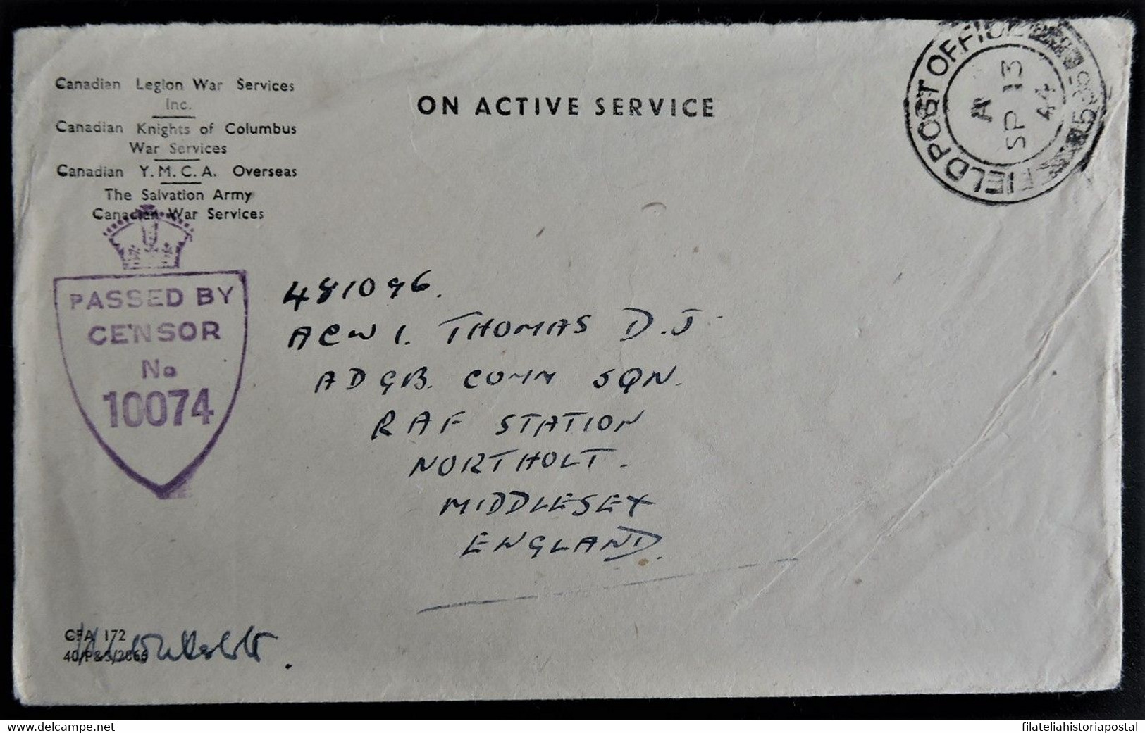 1515 CANADA CANADIAN LEGION WAR KNIGHTS OF COLUMBUS 1944 MILITARY World War II IIWW COVER FIELDPOST - Interi Postali