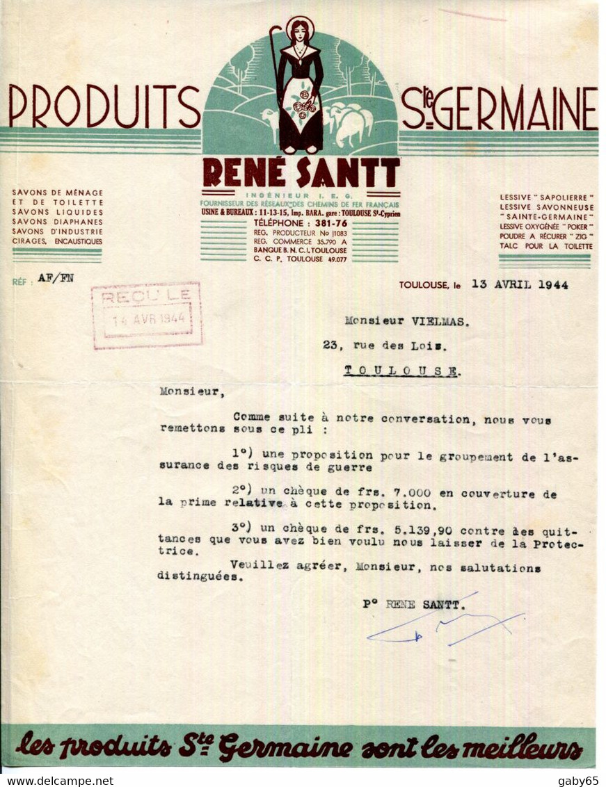 FACTURE.31.TOULOUSE.SAVONS.CIRAGES.LESSIVES.PRODUITS SAINTE GERMAINE.RENE SANTT.11,13,15 IMPASSE BARA. - Droguerie & Parfumerie