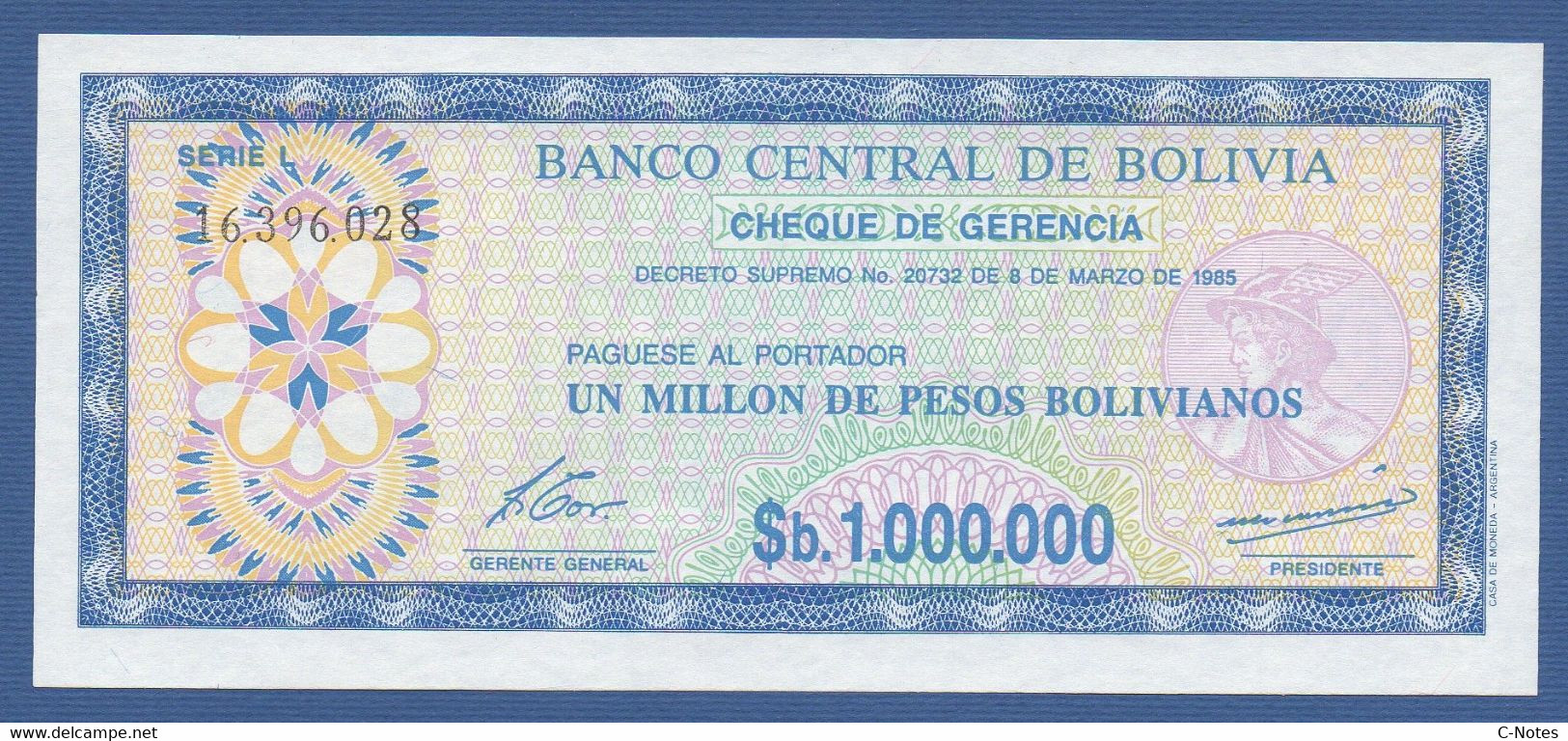 BOLIVIA - P.192C – 1.000.000 Pesos Bolivianos D.08.03.1985 UNC Serie L 16.396.028 - Bolivie