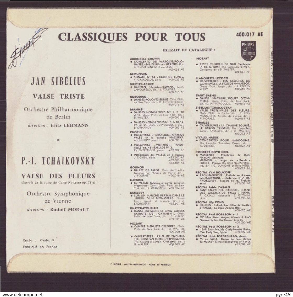 45 T Classiques Pour Tous " Sibélius, Valse Trisite + Tchaikovski Valse Des Fleurs " - Klassik