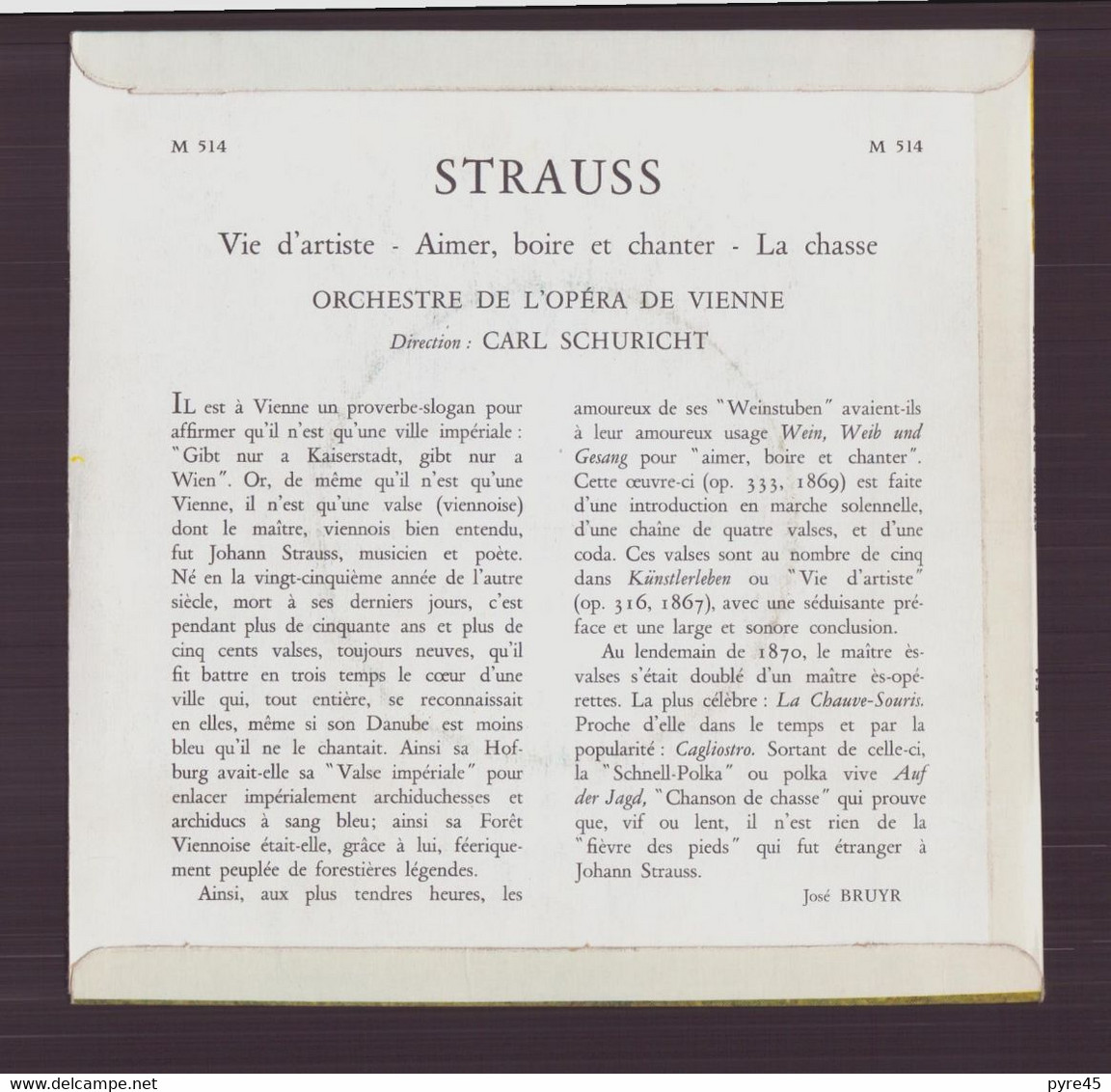 45 T Strauss " Vie D'artiste + Aimer, Boire Et Chanter + La Chasse " - Classique