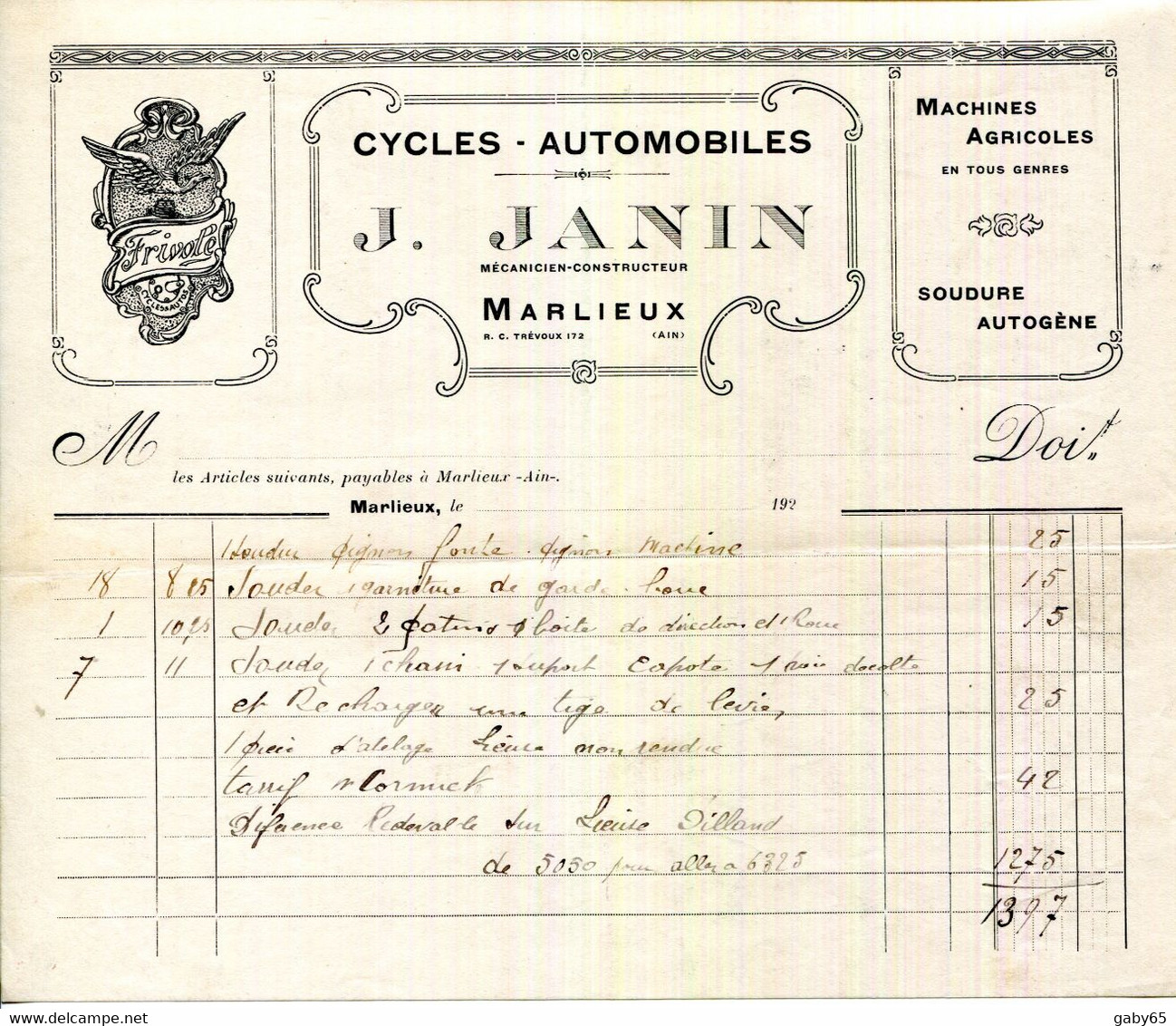 FACTURE.01.AIN.MARLIEUX.CYCLES.AUTOMOBILES.J.JANIN MECANICIEN CONSTRUCTEUR. - Auto's