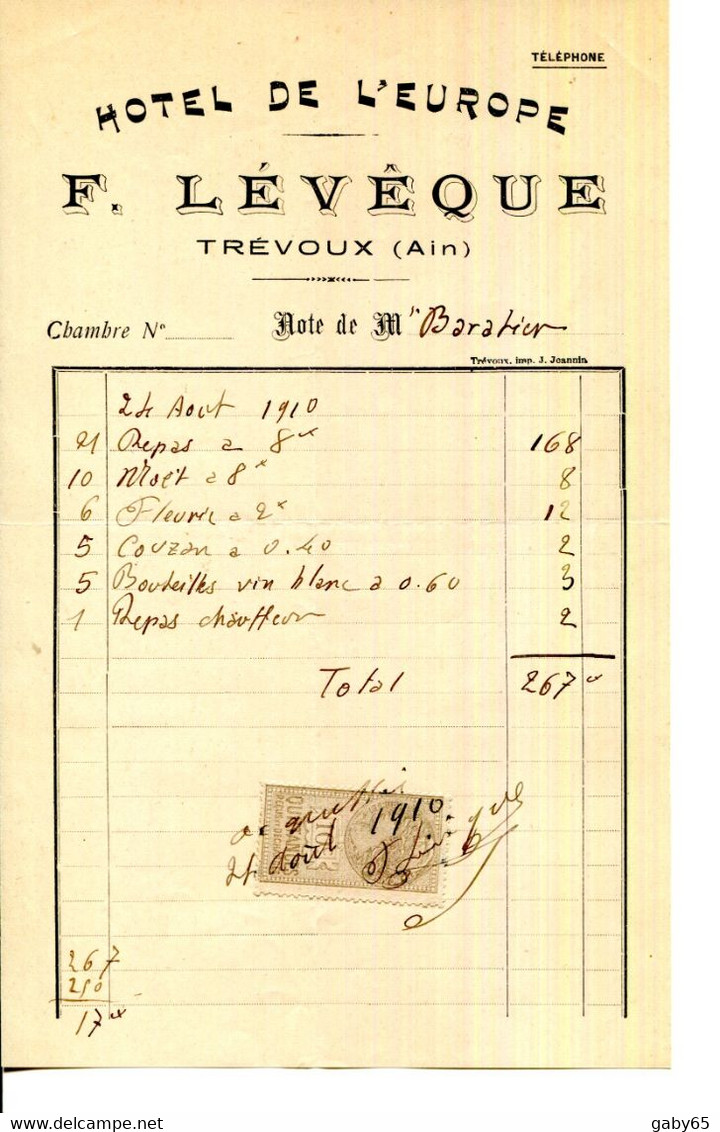 FACTURE.01.AIN.TREVOUX.HOTEL DE L'EUROPE.F.LÉVÊQUE.FACTURETTE. - Sports & Tourisme