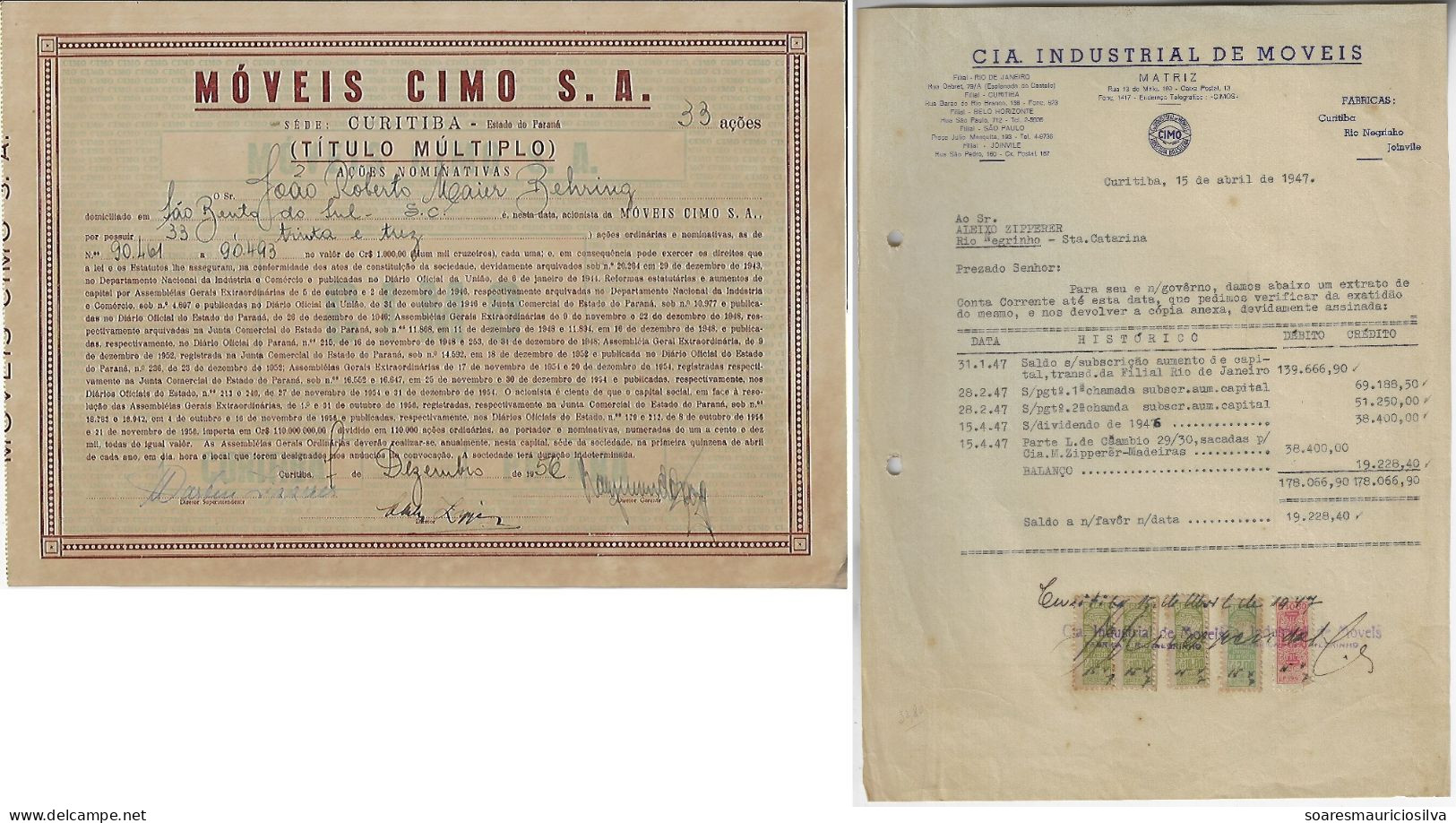 Brazil 1956 Shareholding Móveis Cimo SA From Curitiba Furniture Size 21x30 Cm - M - O