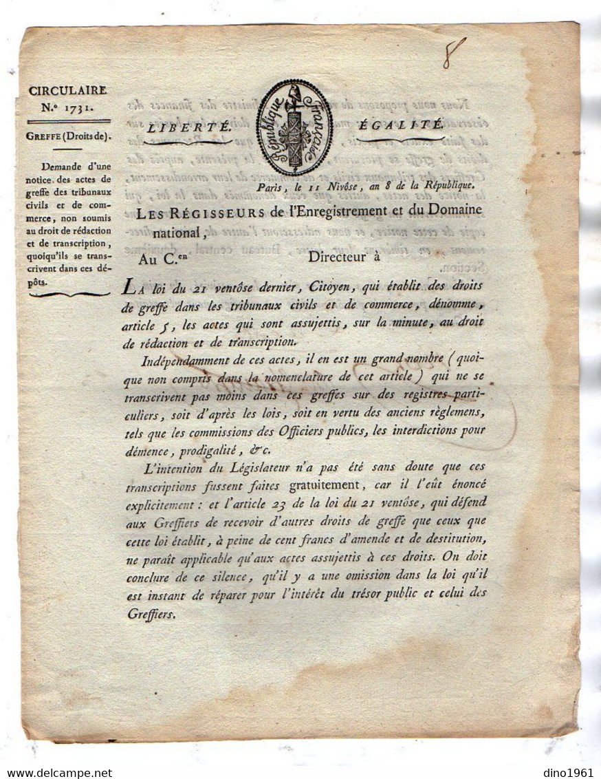 VP18.485 - Révolution - PARIS An 8 De La République Française - Justice - Circulaire Concernant Les Droits De Greffe - Decreti & Leggi