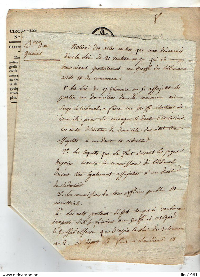 VP18.485 - Révolution - PARIS An 8 De La République Française - Justice - Circulaire Concernant Les Droits De Greffe - Decreti & Leggi