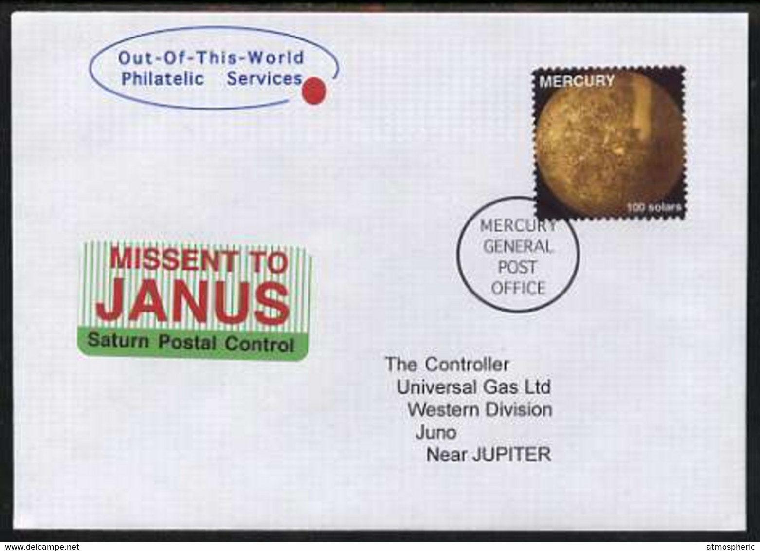 Planet Mercury (Fantasy) Cover To Juno (near Jupiter) Bearing Mercury 100 Solar Stamp - Other & Unclassified