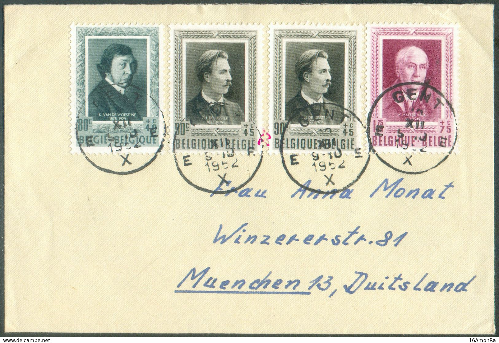 LITTERATEURS 4 Tp Obl. Sc GENT X Sur Lettre Du 10-XII-1952 Vers Munich (DE).   - 18825 - Lettres & Documents