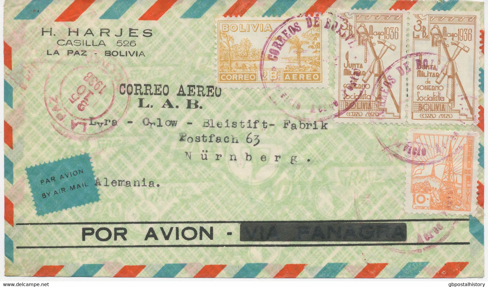 BOLIVIEN 1938, Kab.-Flugpost-Bf Geflogen Mit L.A.B. (Lloyd Aereo Boliviano) "  LA PAZ - NÜRNBERG" - Bolivie