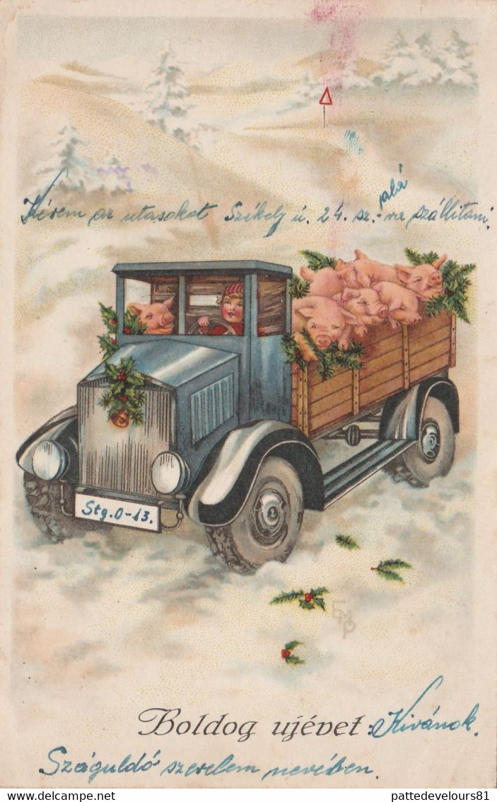 CPA Cochons Transportés Dans Un Camion Porc Pig Varken Maiale Schwein Fantaisie Illustrateur   2 Scans - Cochons