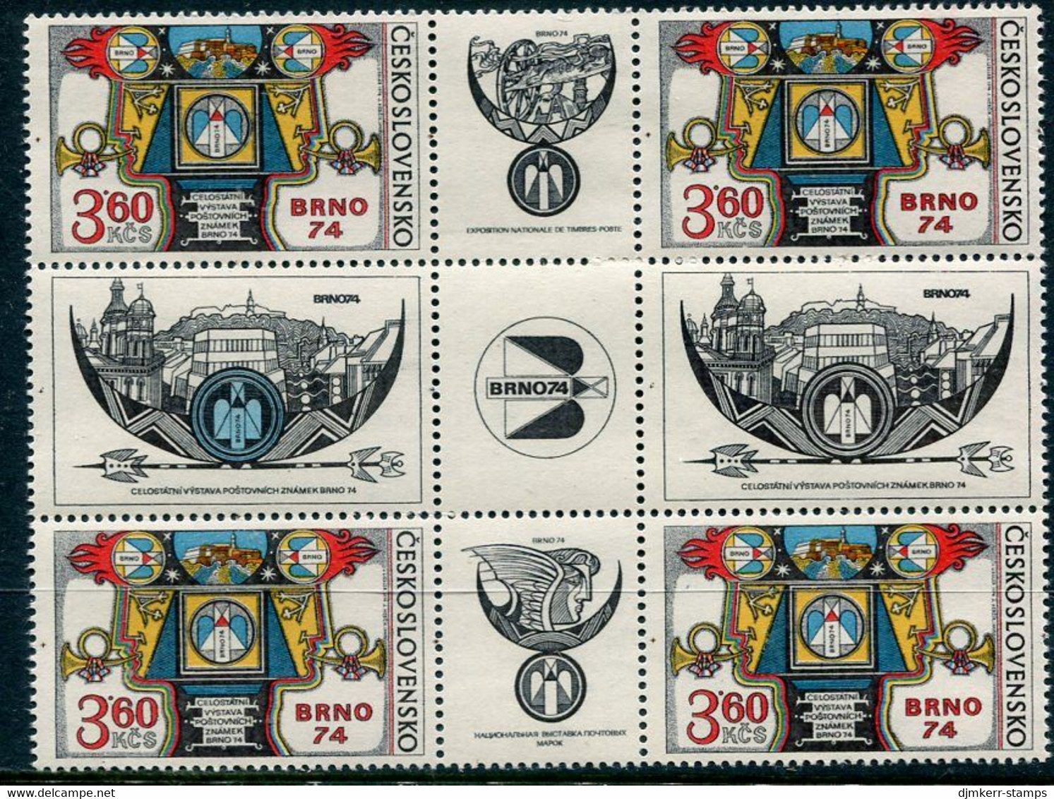 CZECHOSLOVAKIA 1974 Brno Philatelic Exhibition  Central  Block With Labels MNH / **  Michel 2184 Zf - Ungebraucht