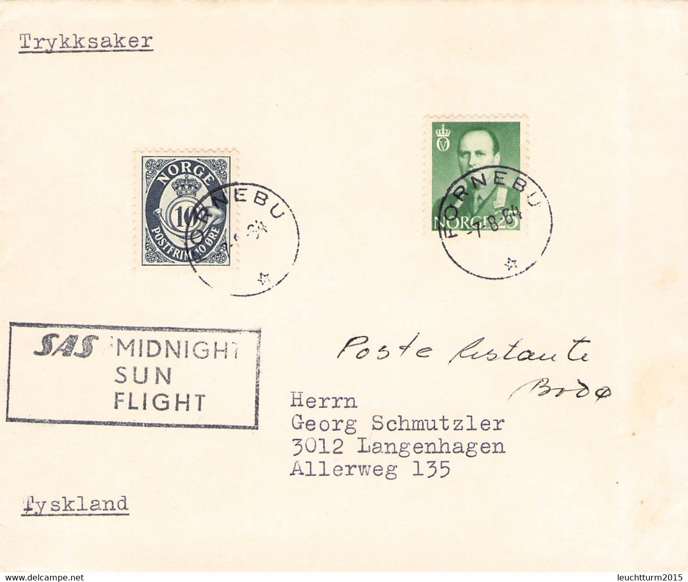 NORWAY - SAS MIDNIGHT SUN FLIGHT 1964 FORNEBU > LANGENHAGEN/DE / GR 134 - Briefe U. Dokumente