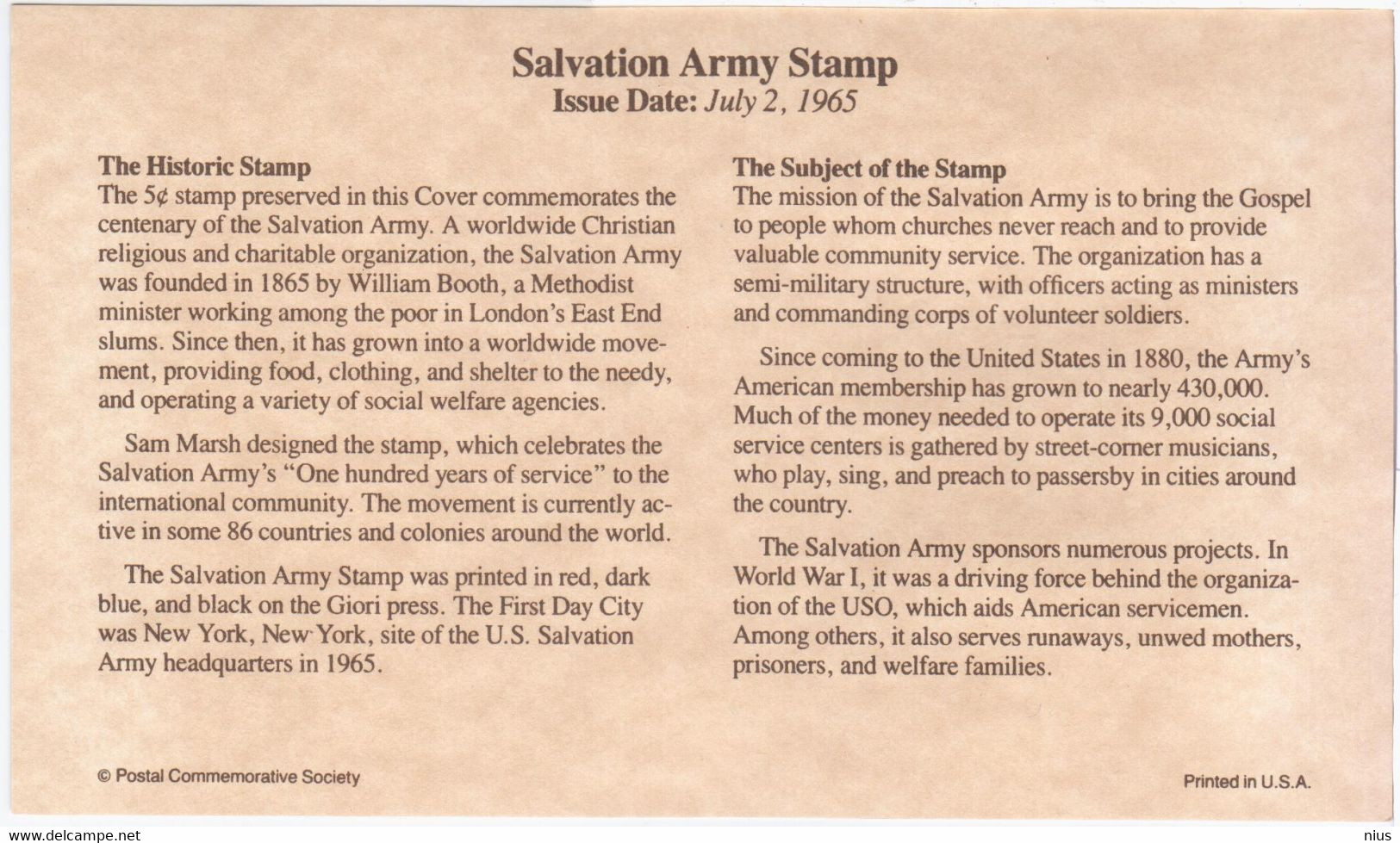 USA United States 1993 Salvation Army Stamp, The Historic Stamp 1965 - 1991-2000