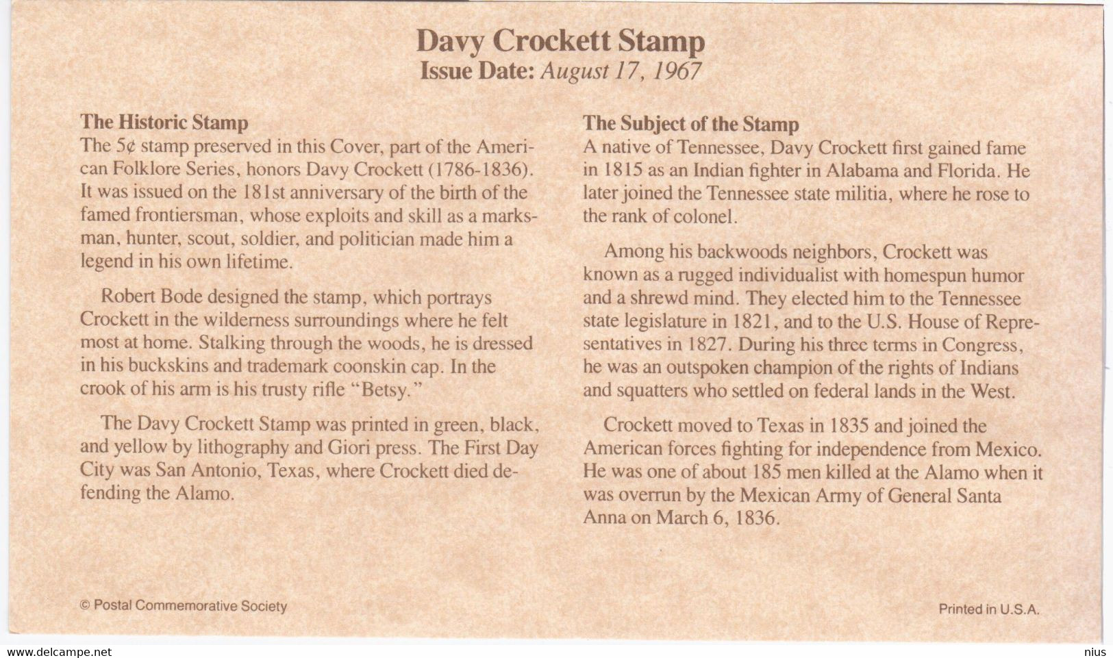 USA United States 1993 Davy Crockett, The Historic Stamp 1967 - 1991-2000