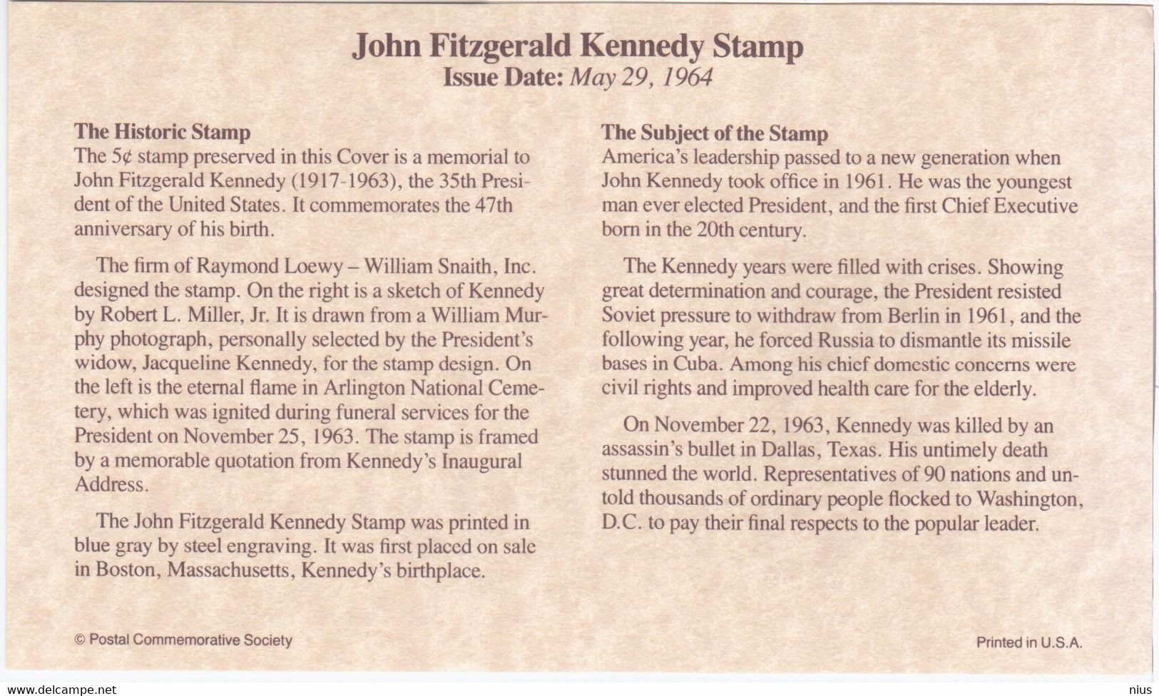 USA United States 1993 John Fitzgerald Kennedy, The Historic Stamp 1964 - 1991-2000