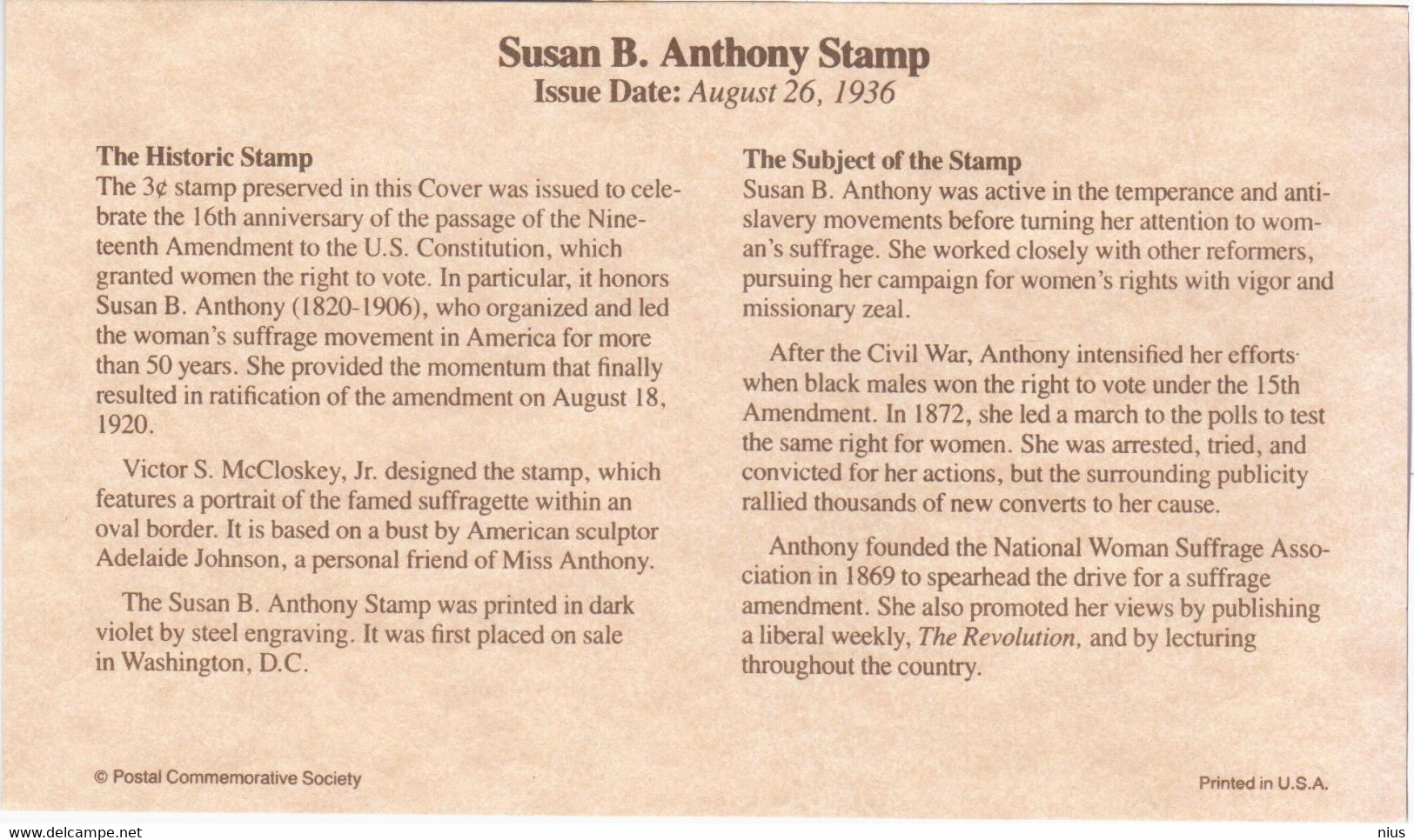 USA United States 1993 Susan B. Anthony, The Historic Stamp 1936 - 1991-2000