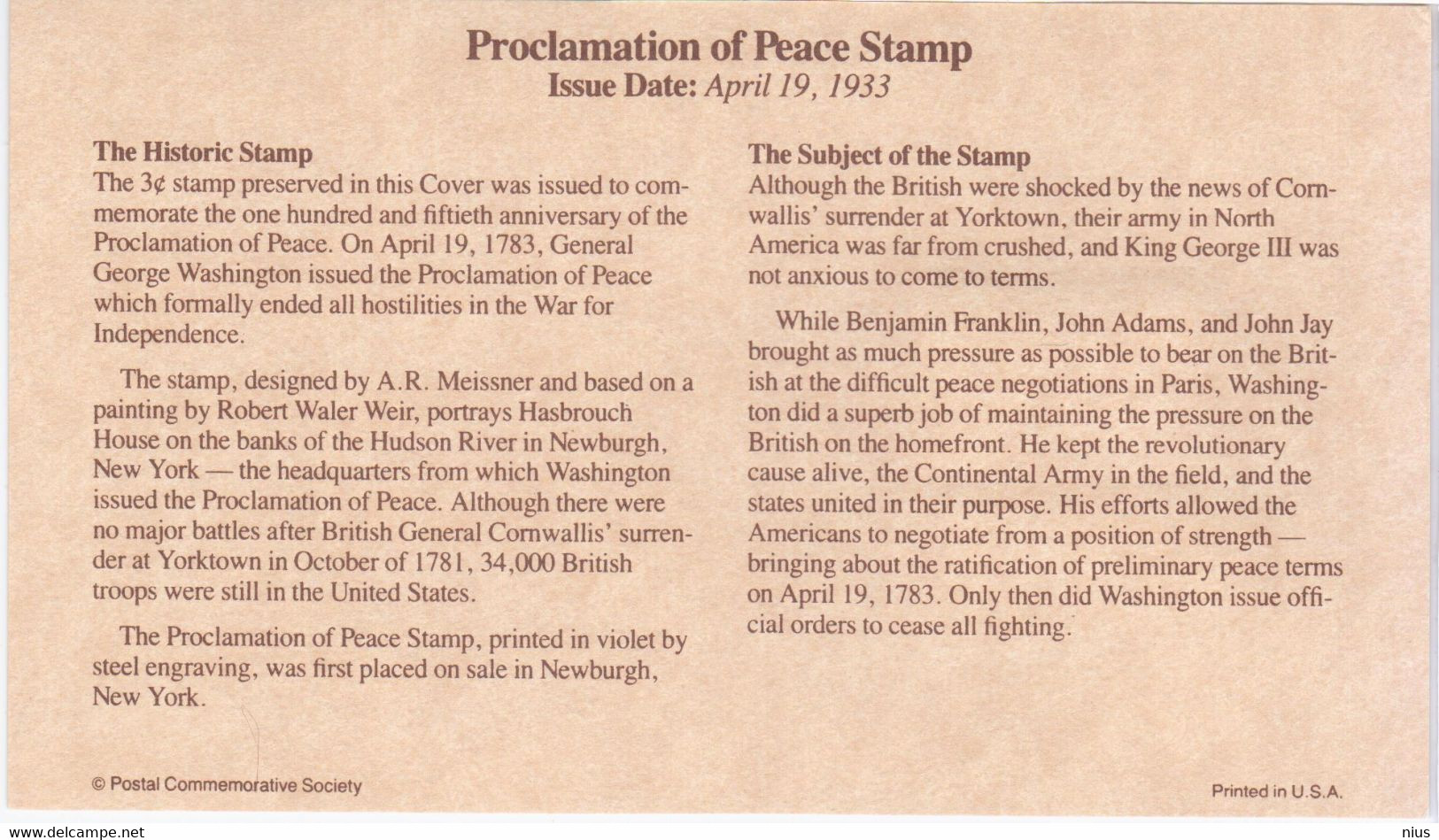 USA United States 1994 Proclamation Of Peace, The Historic Stamp 1933 - 1991-2000