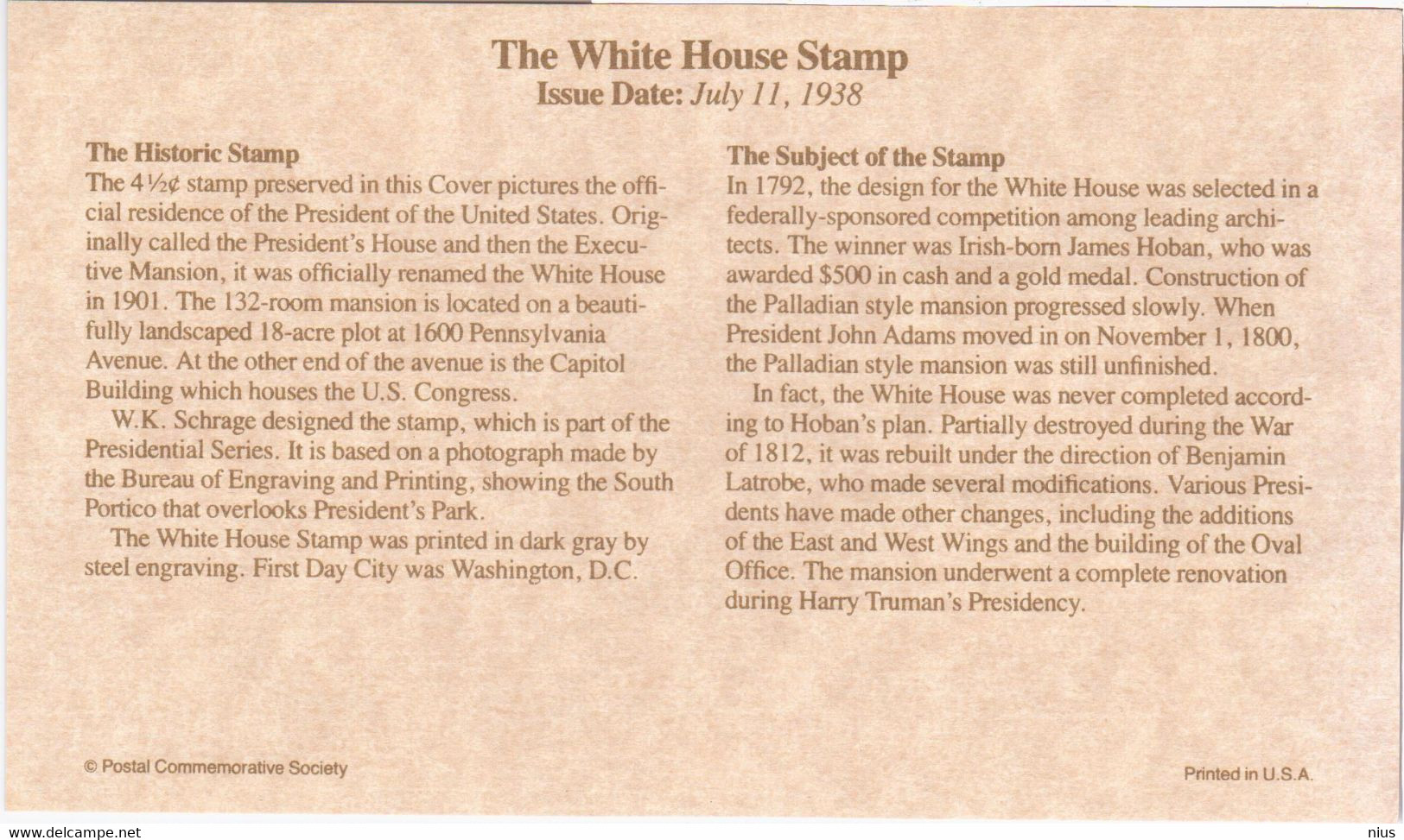 USA United States 1992 The White House, The Historic Stamp 1938 - 1991-2000